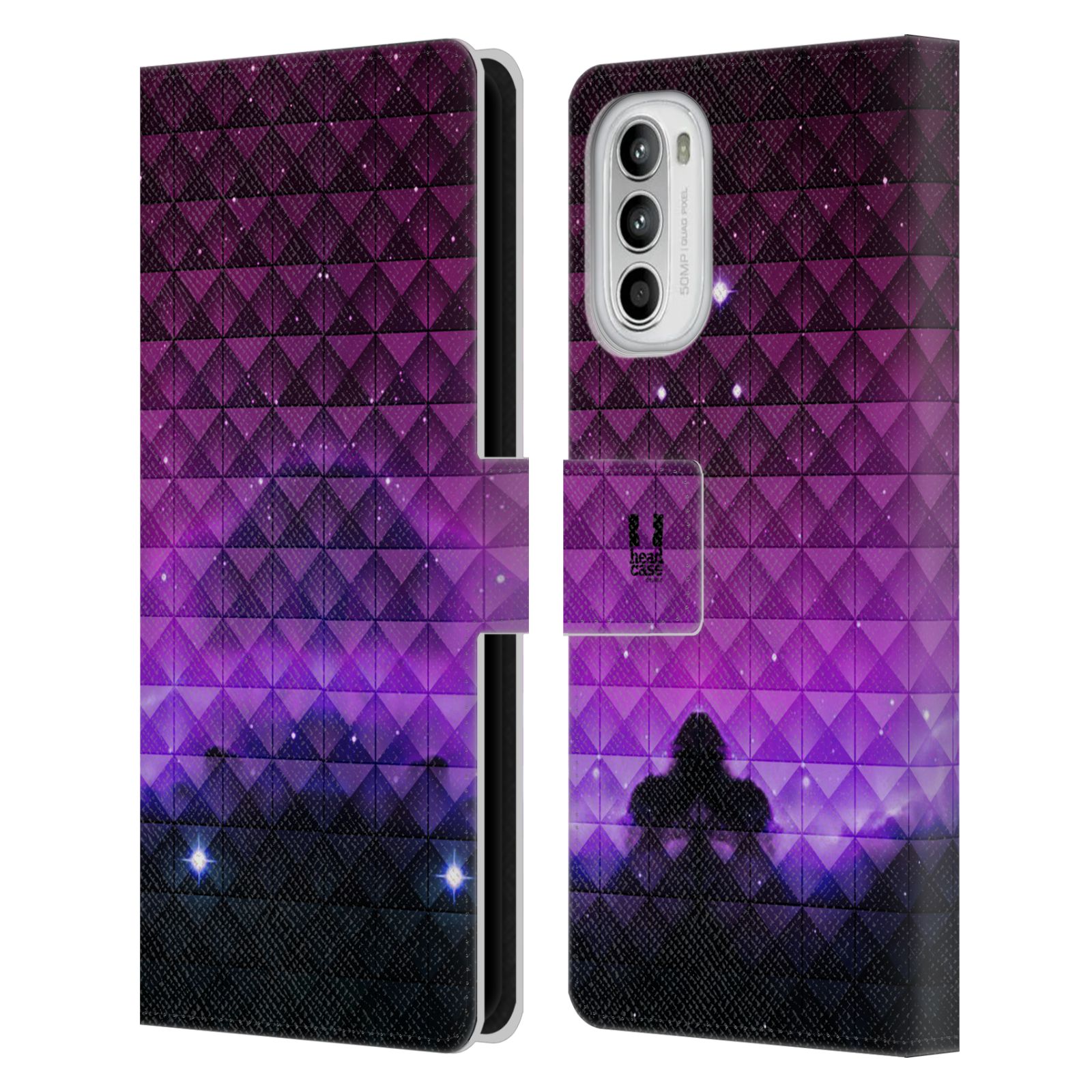 Pouzdro HEAD CASE na mobil Motorola Moto G52 barevná vesmírná mlhovina fialová a černá