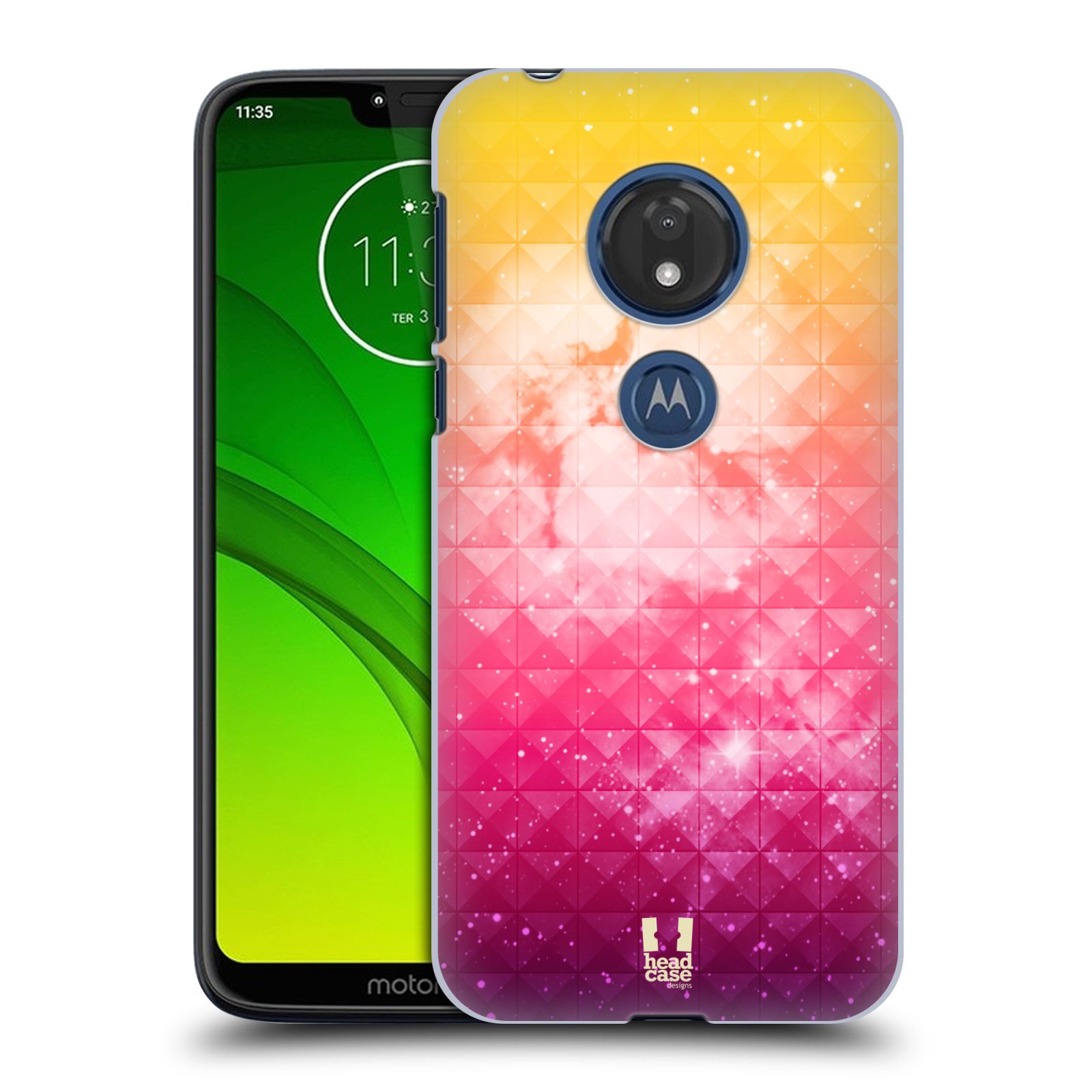 Pouzdro na mobil Motorola Moto G7 Play vzor Hvězdná obloha hvězdy a slunce ŽLUTÁ A RŮŽOVÁ