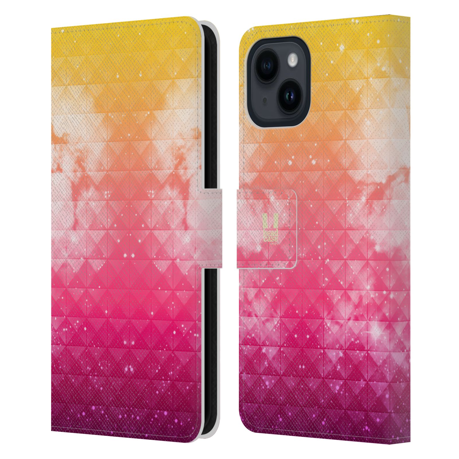 Pouzdro HEAD CASE na mobil Apple Iphone 15 barevná vesmírná mlhovina oranžová a růžová