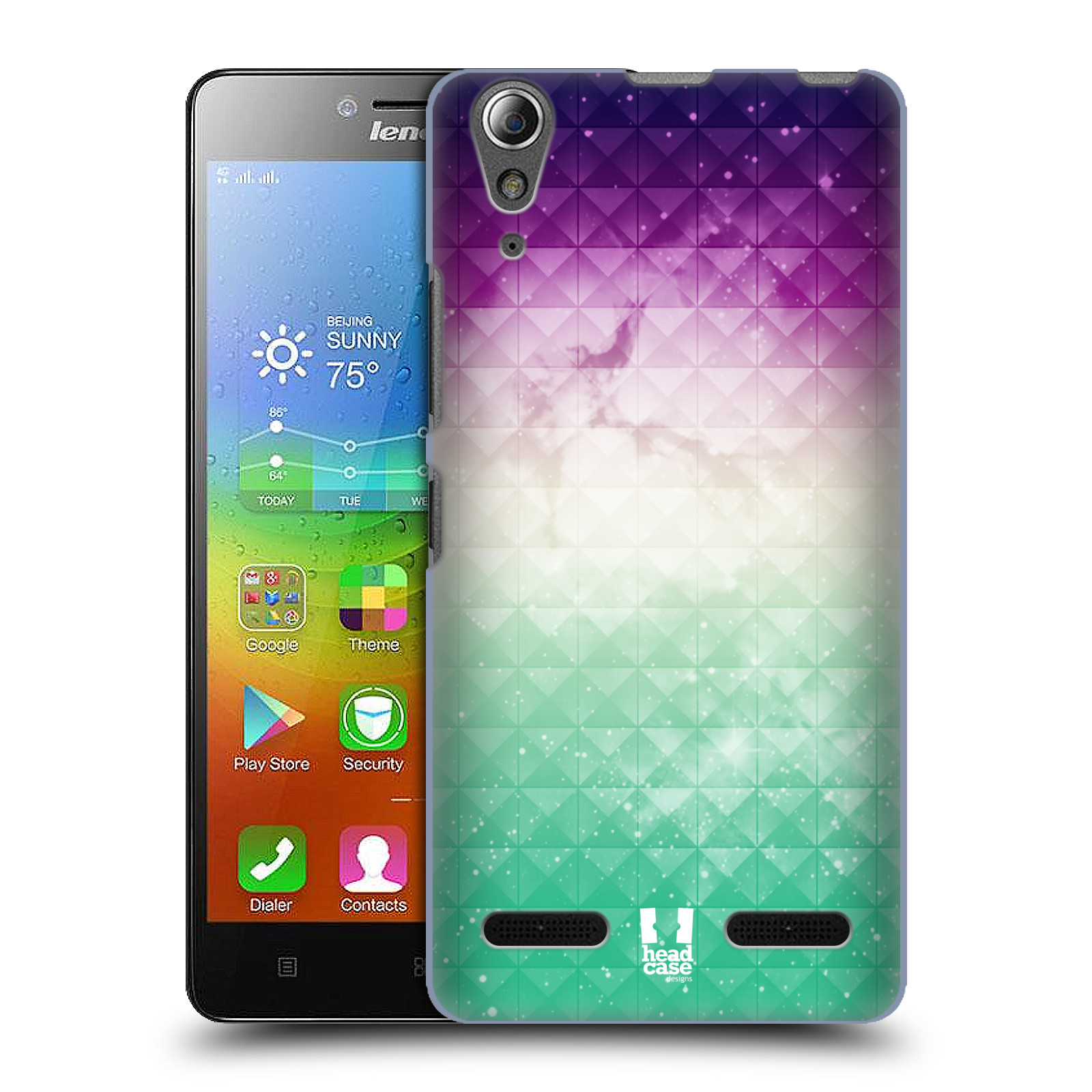 HEAD CASE pevný plastový obal na mobil LENOVO A6000 / A6000 PLUS vzor Hvězdná obloha hvězdy a slunce FIALOVÁ A ZELENÁ