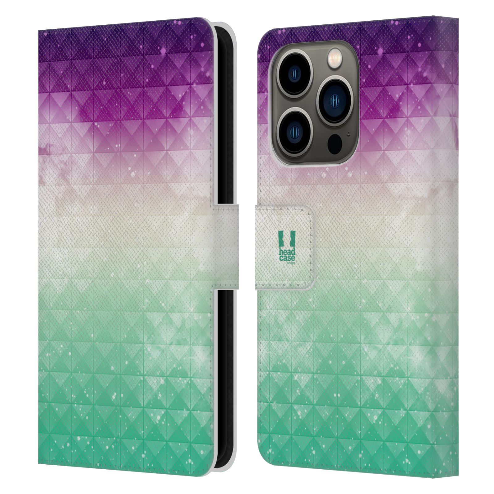Pouzdro HEAD CASE na mobil Apple Iphone 14 PRO barevná vesmírná mlhovina fialová a zelená