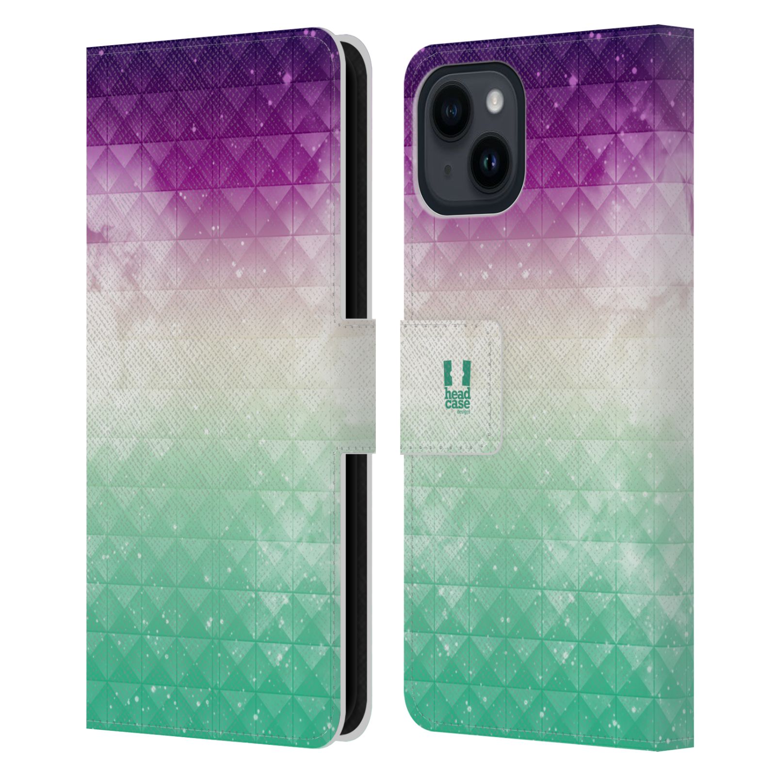 Pouzdro HEAD CASE na mobil Apple Iphone 15 barevná vesmírná mlhovina fialová a zelená
