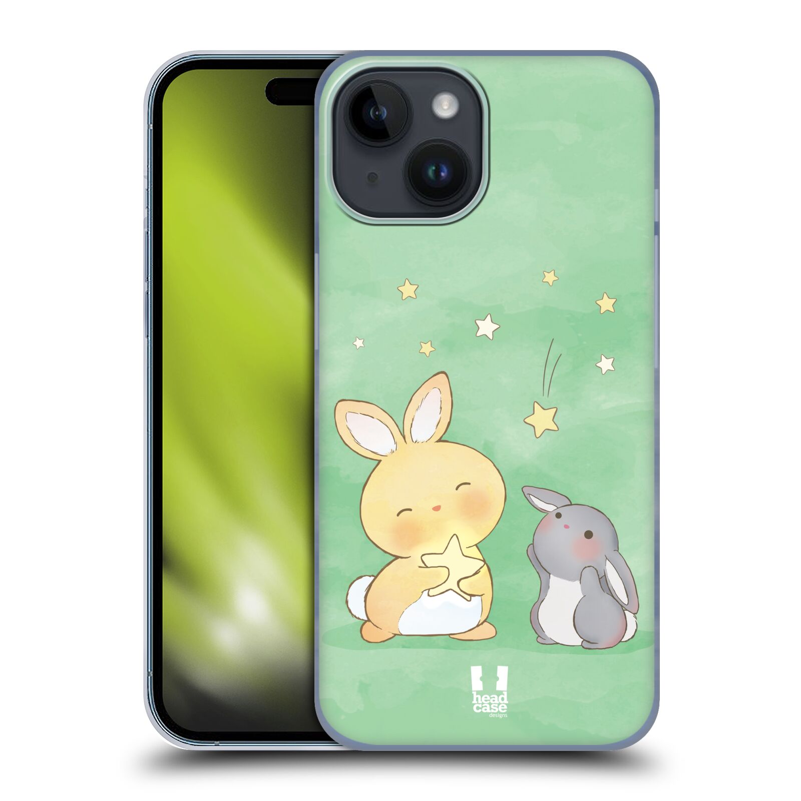 Plastový obal HEAD CASE na mobil Apple Iphone 15 vzor králíček a hvězdy zelená