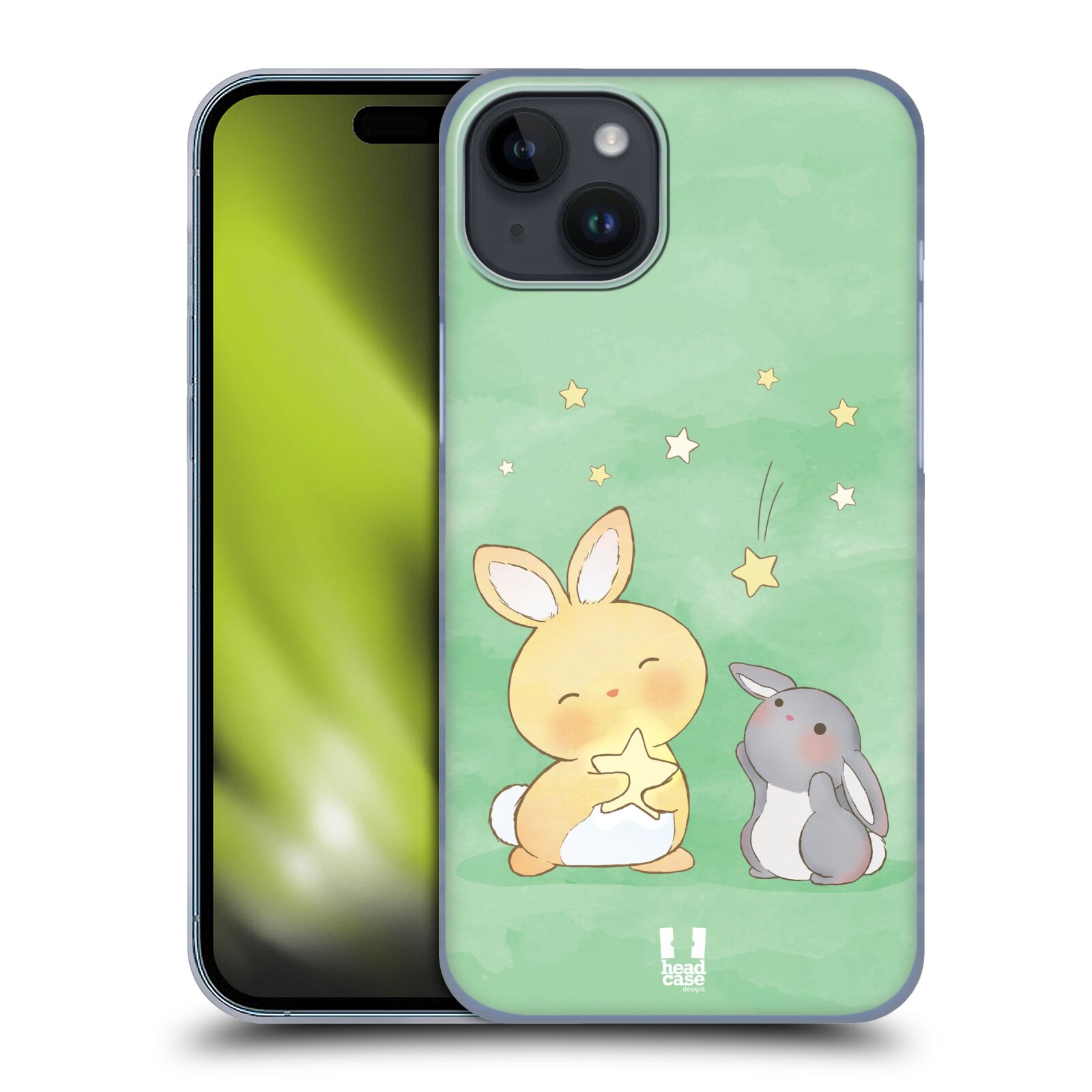 Plastový obal HEAD CASE na mobil Apple Iphone 15 PLUS vzor králíček a hvězdy zelená