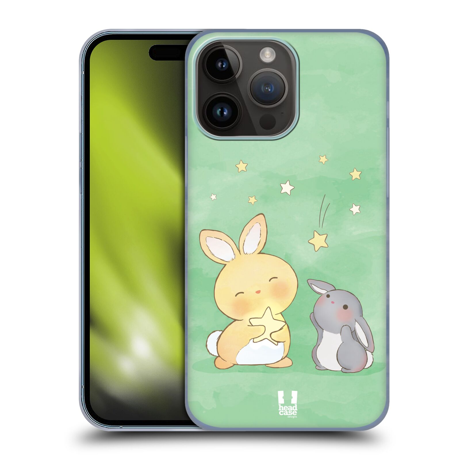 Plastový obal HEAD CASE na mobil Apple Iphone 15 PRO MAX vzor králíček a hvězdy zelená