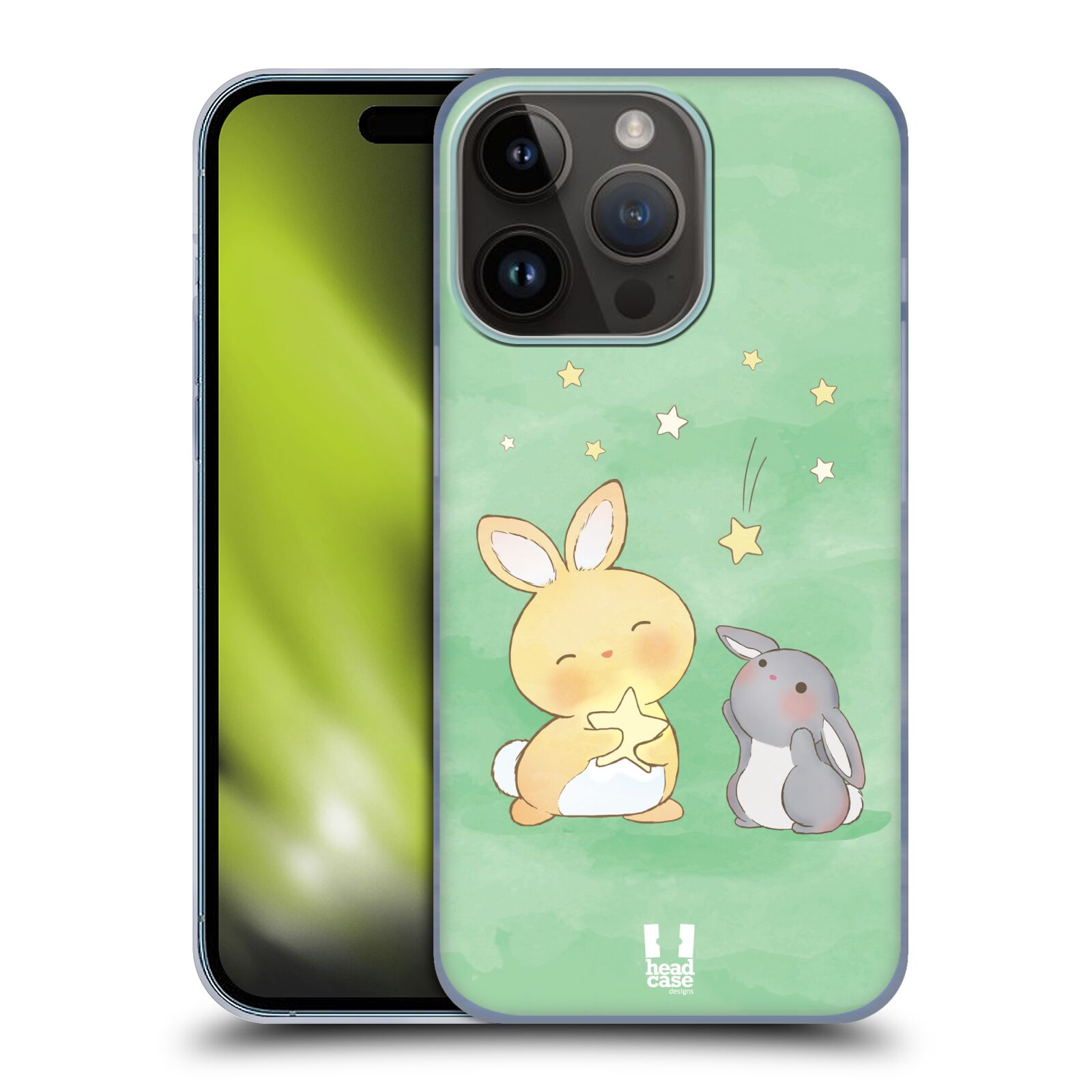 Plastový obal HEAD CASE na mobil Apple Iphone 15 Pro vzor králíček a hvězdy zelená