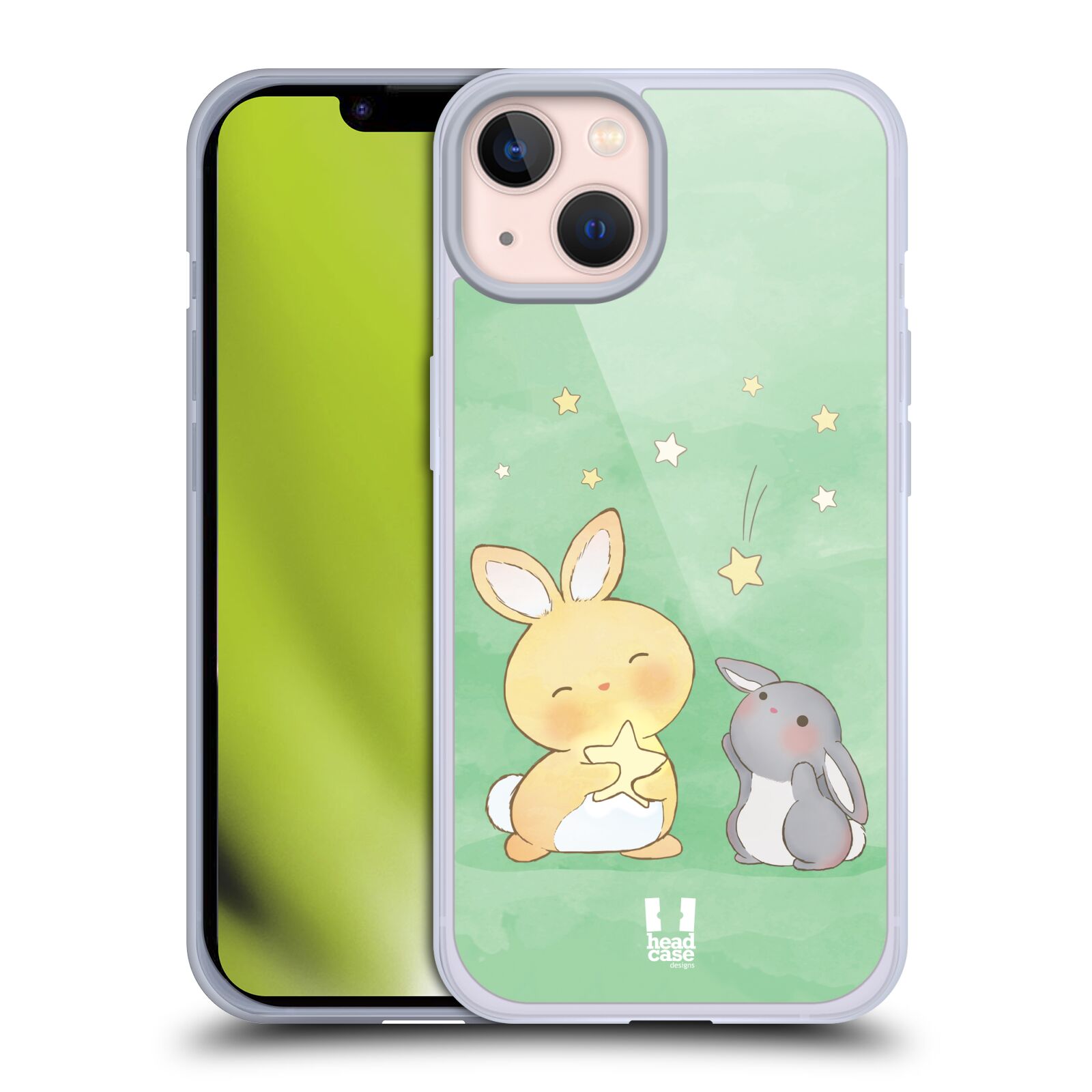 Plastový obal HEAD CASE na mobil Apple Iphone 13 vzor králíček a hvězdy zelená