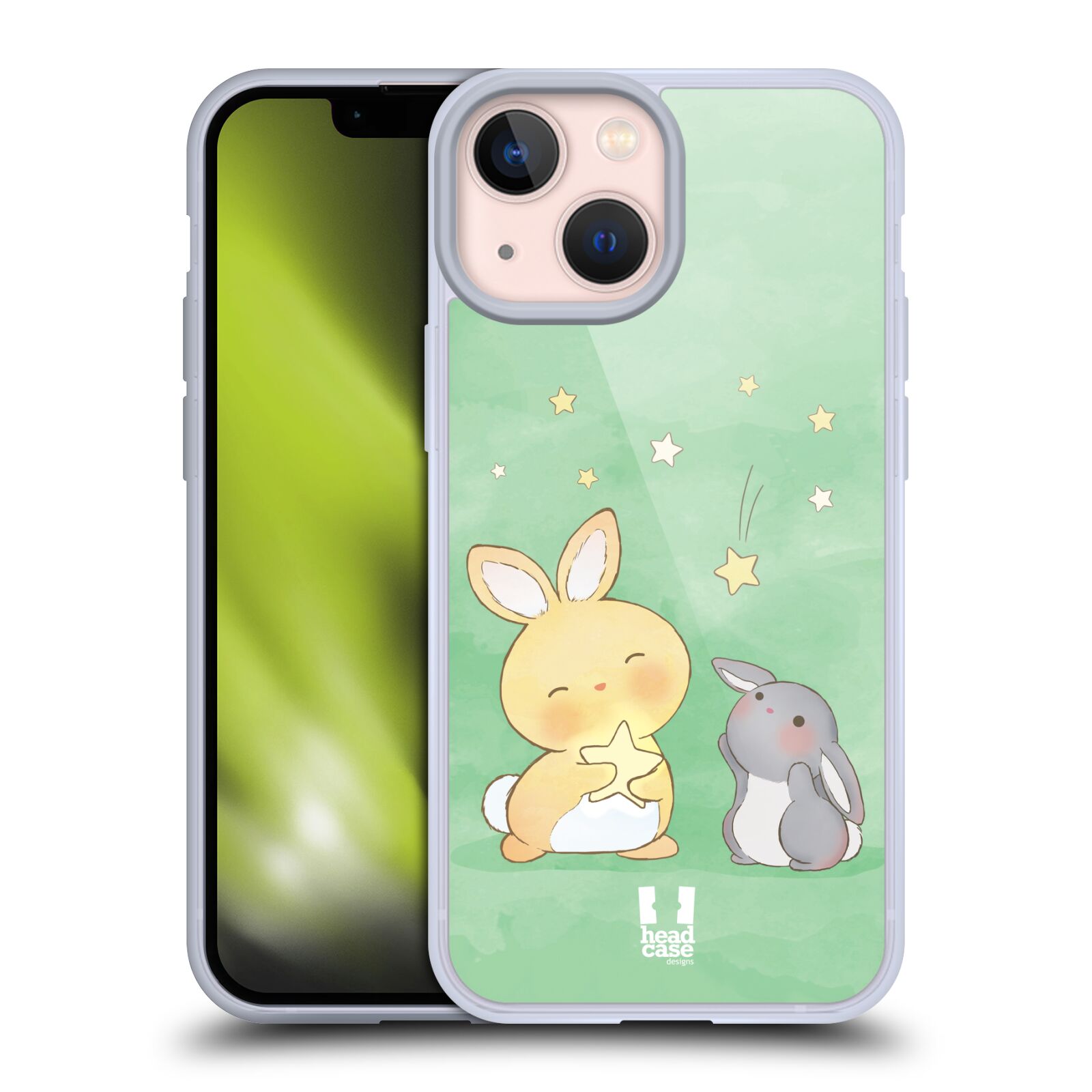 Plastový obal HEAD CASE na mobil Apple Iphone 13 MINI vzor králíček a hvězdy zelená