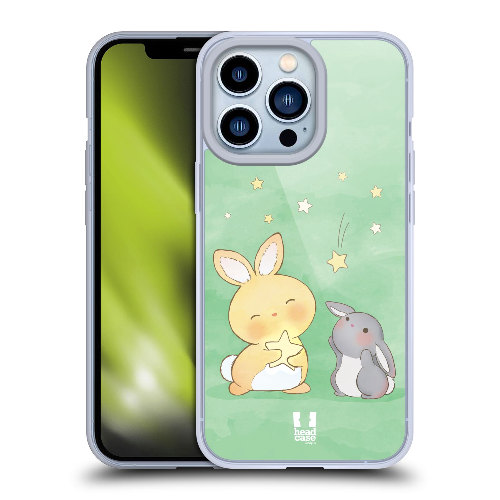 Plastový obal HEAD CASE na mobil Apple Iphone 13 PRO vzor králíček a hvězdy zelená