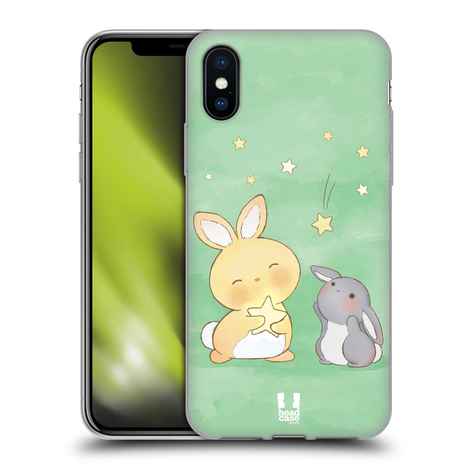 HEAD CASE silikonový obal na mobil Apple Iphone X vzor králíček a hvězdy zelená