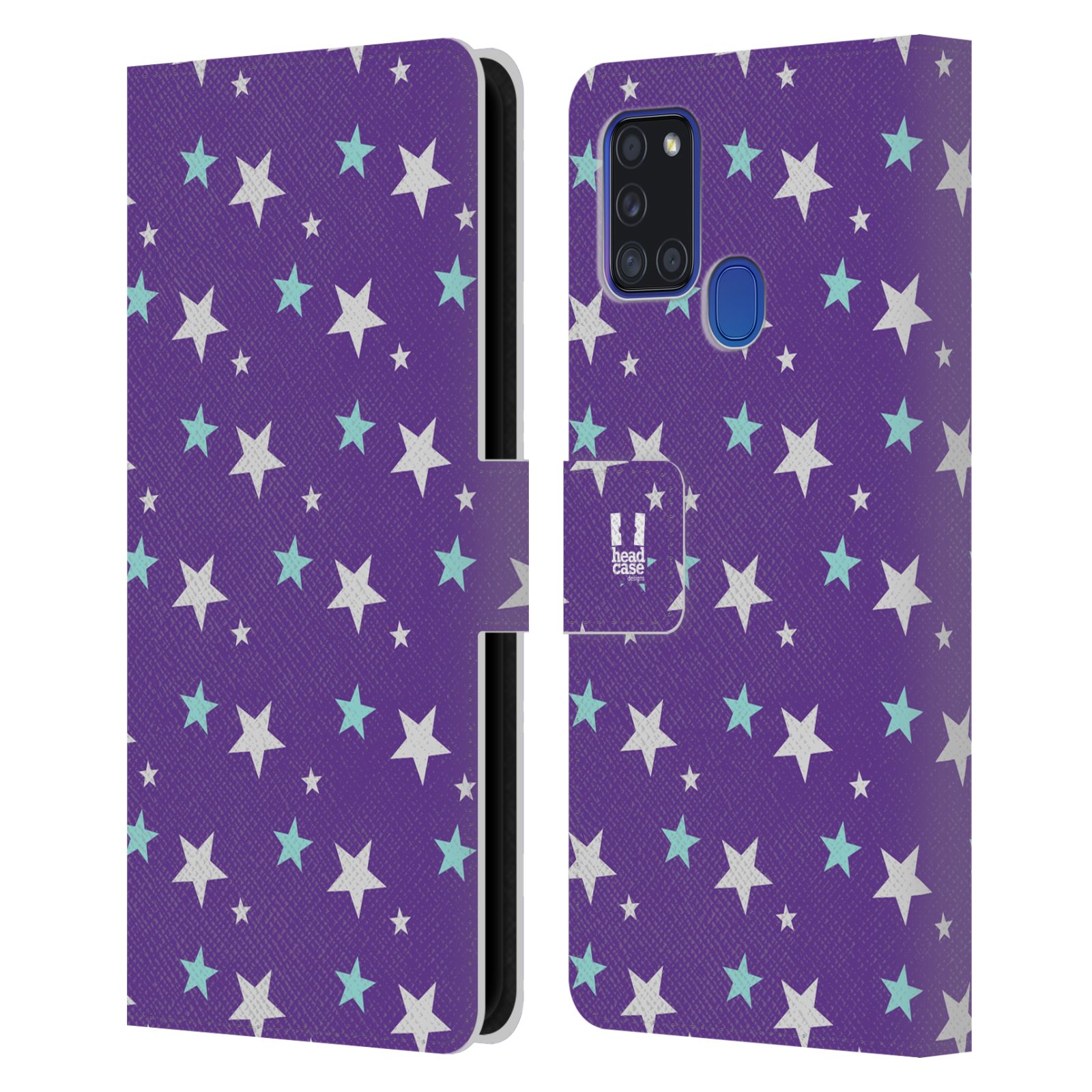 HEAD CASE Flipové pouzdro pro mobil Samsung Galaxy A21s vzor hvězdičky fialová