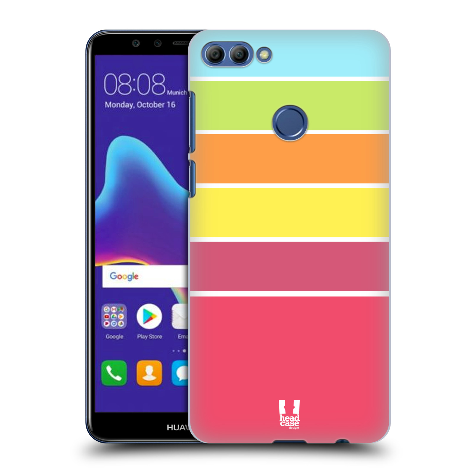 HEAD CASE plastový obal na mobil Huawei Y9 2018 vzor Barevné proužky RŮŽOVÁ, ORANŽOVÁ, ZELENÁ