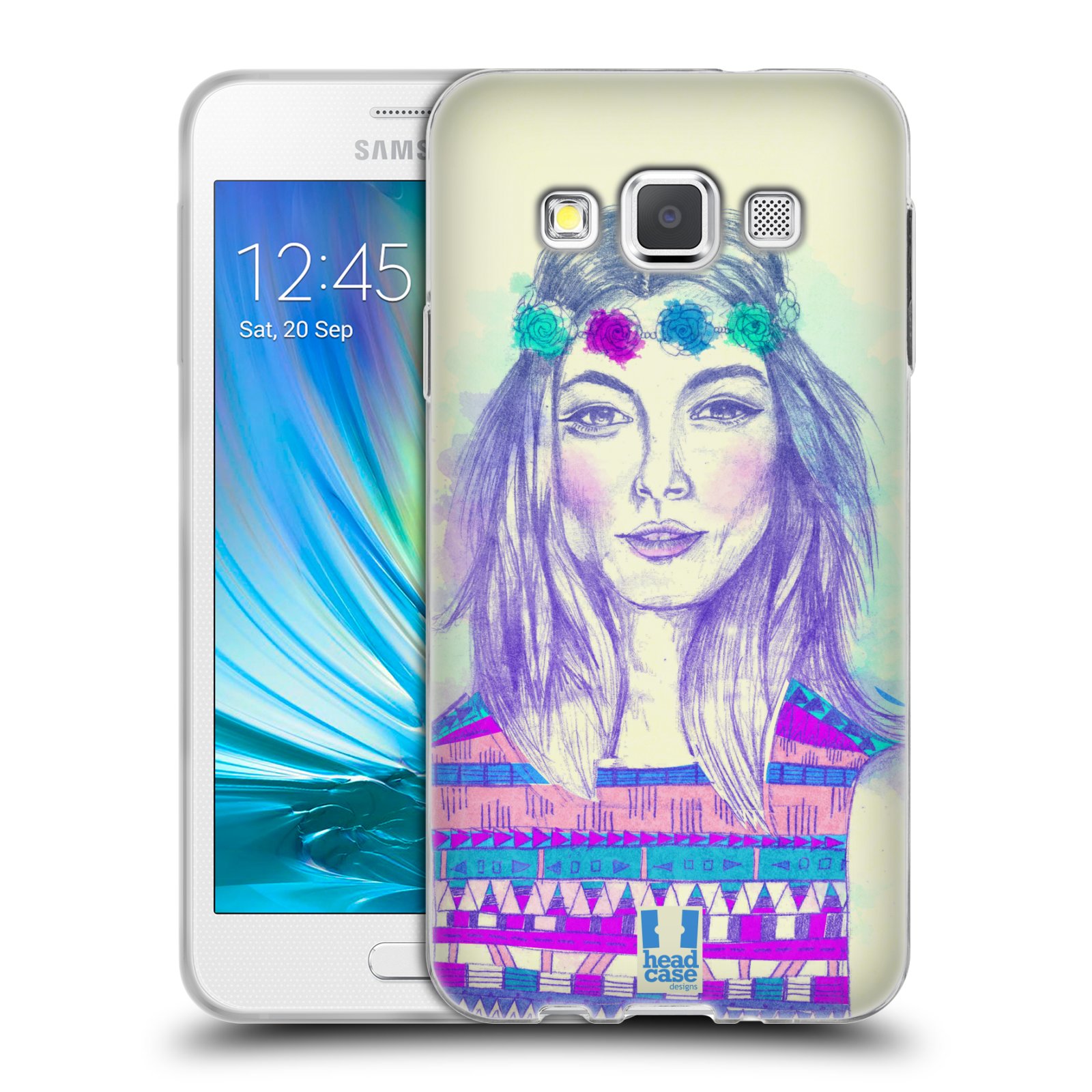 HEAD CASE silikonový obal na mobil Samsung Galaxy A3 vzor Dívka dlouhé květinové vlasy HIPPIE modrá