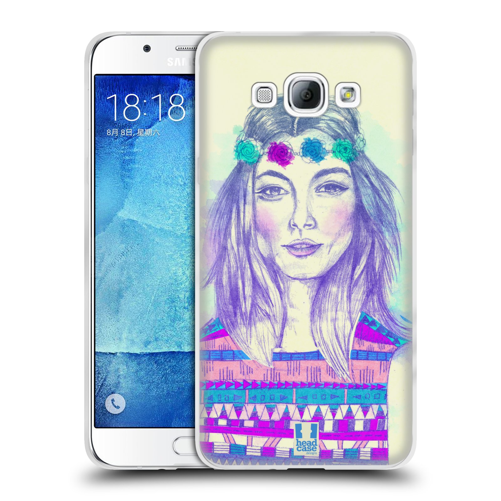 HEAD CASE silikonový obal na mobil Samsung Galaxy A8 vzor Dívka dlouhé květinové vlasy HIPPIE modrá