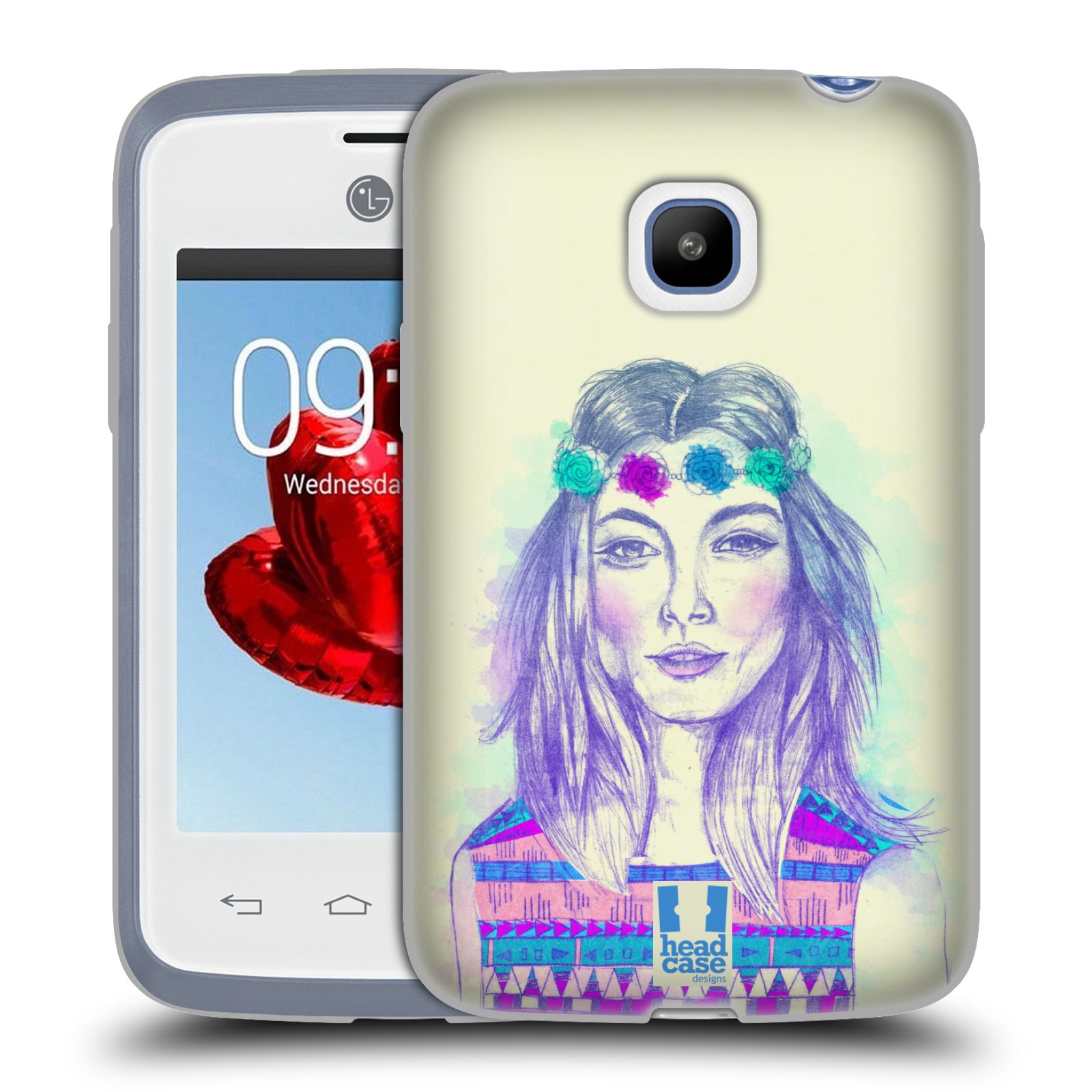 HEAD CASE silikonový obal na mobil LG L20 vzor Dívka dlouhé květinové vlasy HIPPIE modrá