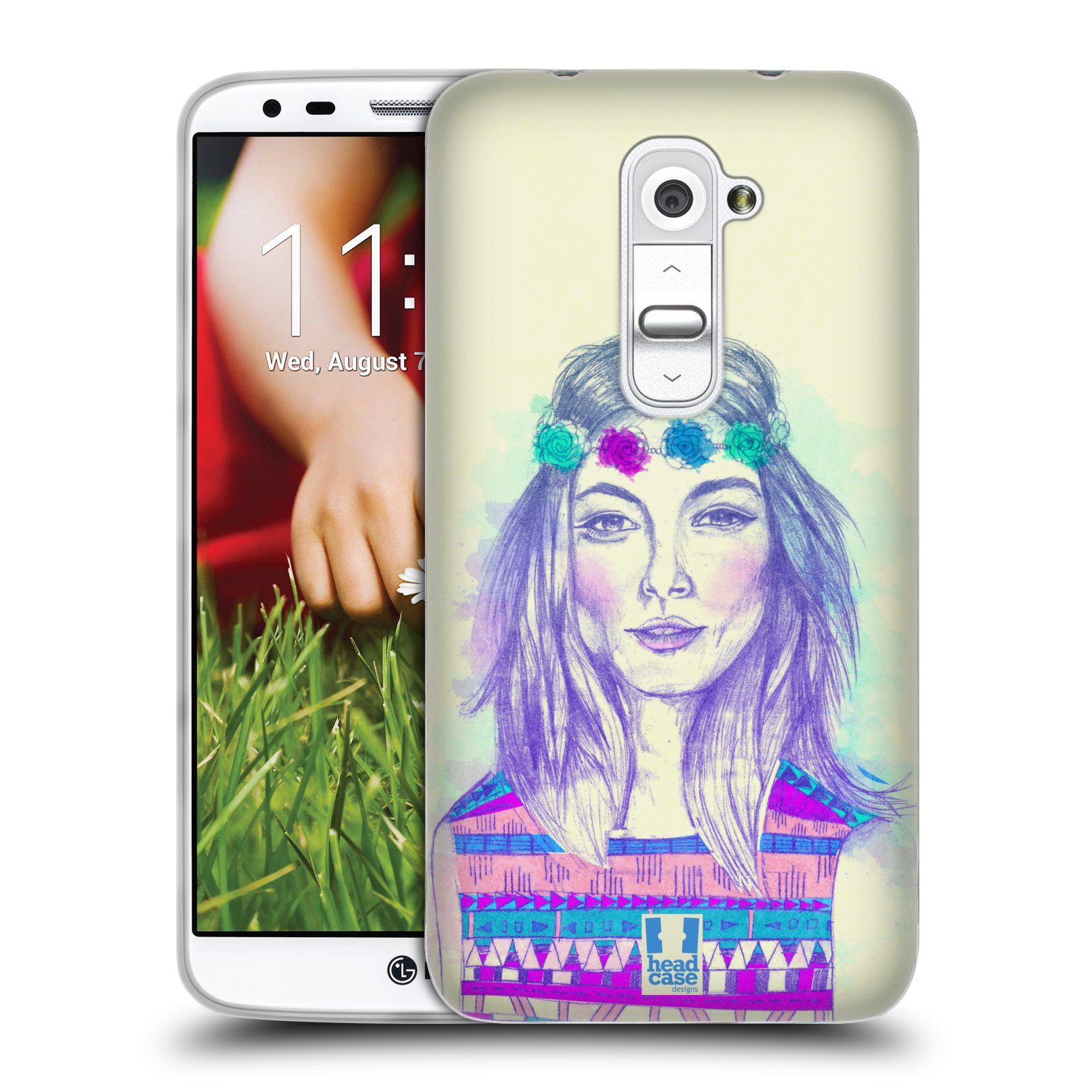 HEAD CASE silikonový obal na mobil LG G2 vzor Dívka dlouhé květinové vlasy HIPPIE modrá