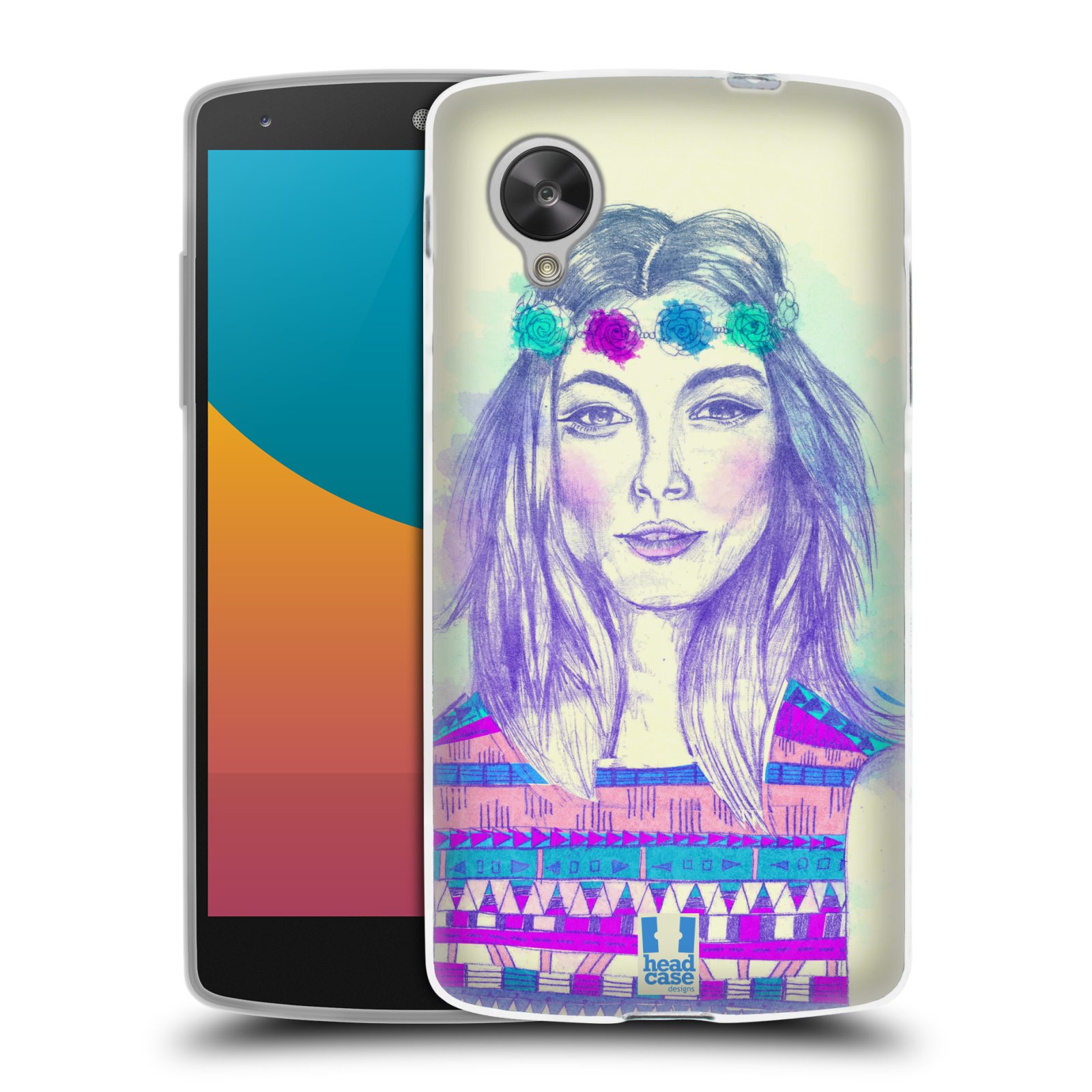 HEAD CASE silikonový obal na mobil LG NEXUS 5 (D821) vzor Dívka dlouhé květinové vlasy HIPPIE modrá
