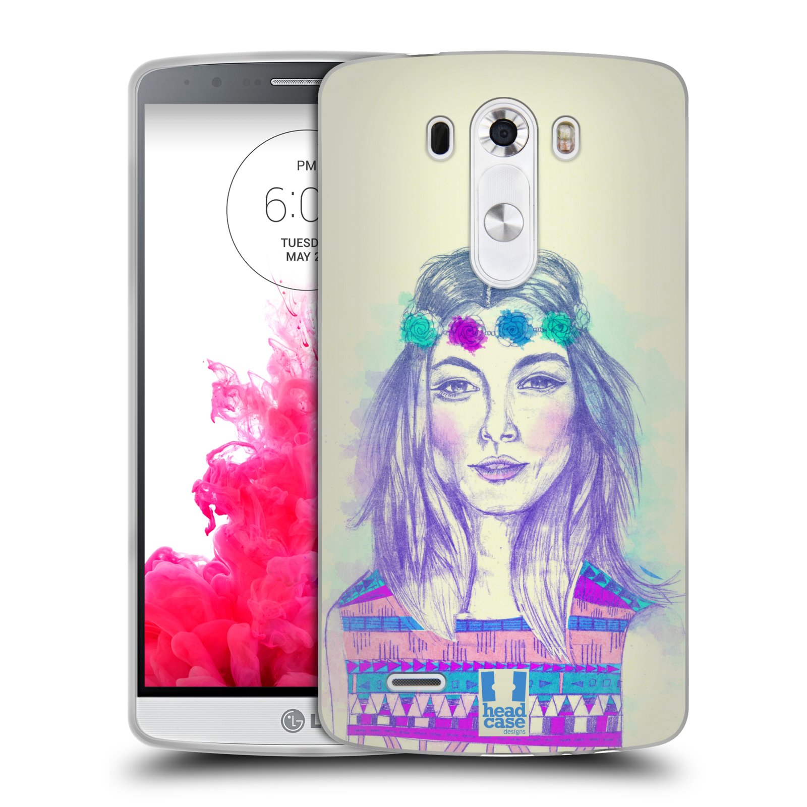 HEAD CASE silikonový obal na mobil LG G3 vzor Dívka dlouhé květinové vlasy HIPPIE modrá