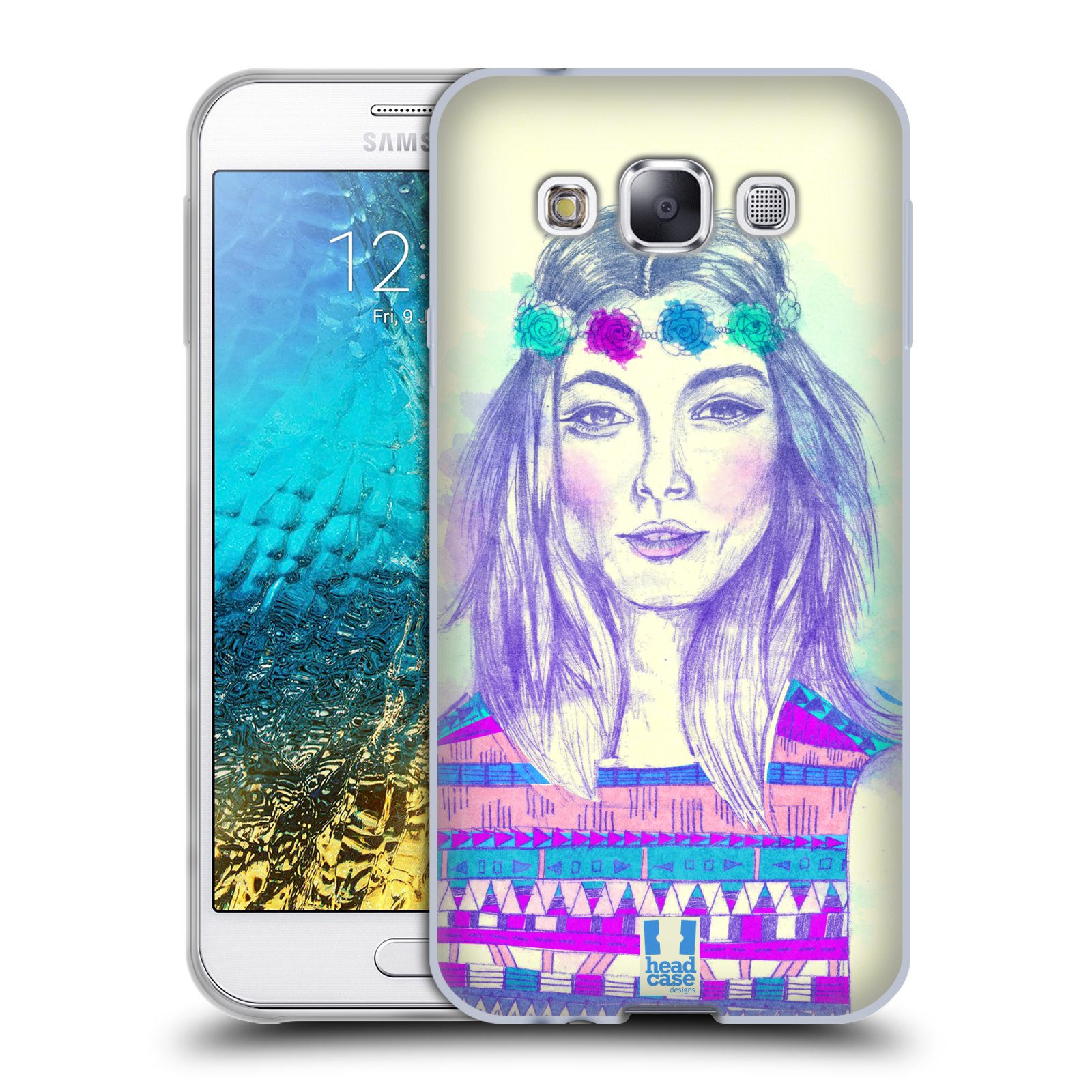 HEAD CASE silikonový obal na mobil Samsung Galaxy E5 vzor Dívka dlouhé květinové vlasy HIPPIE modrá