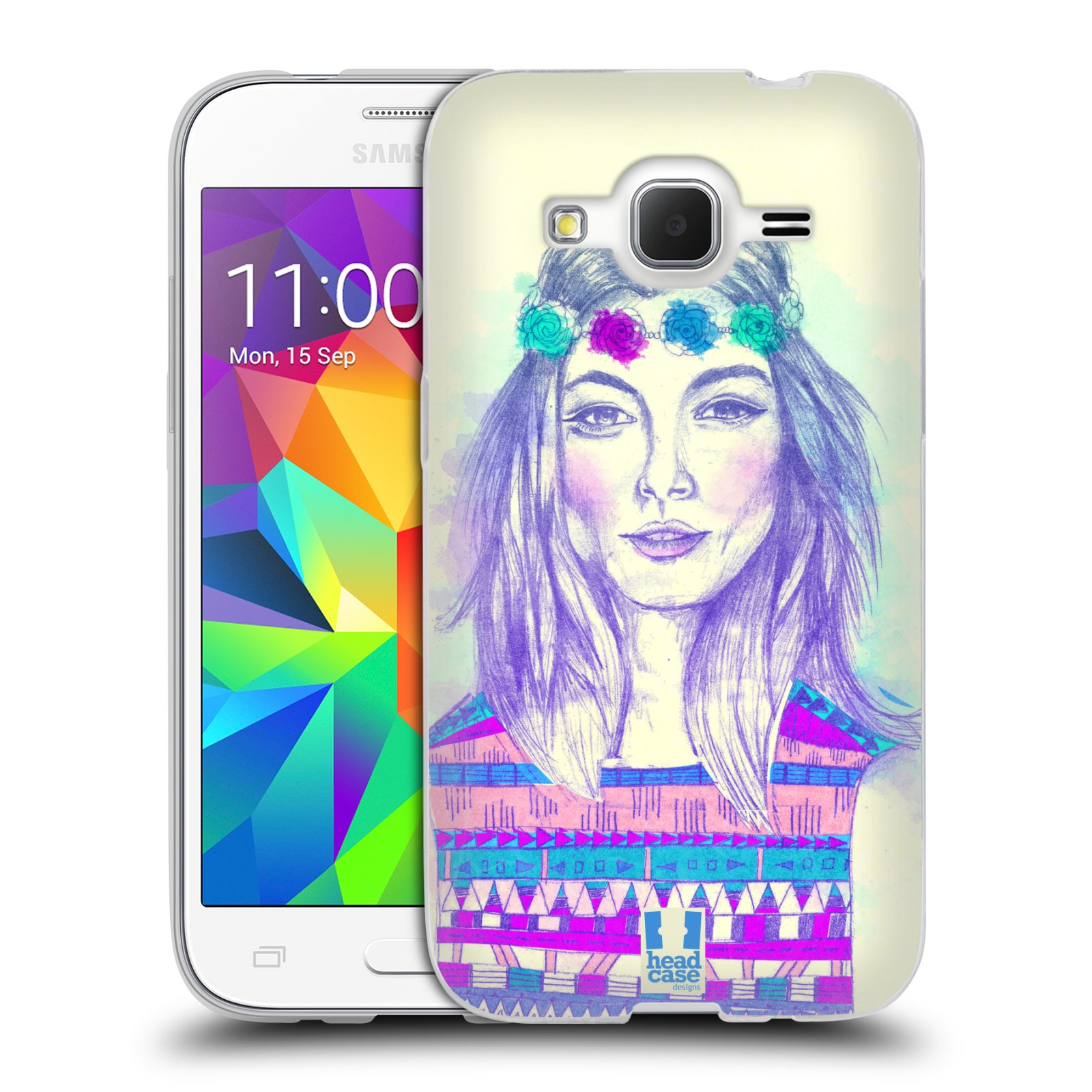 HEAD CASE silikonový obal na mobil Samsung Galaxy Core Prime (G360) vzor Dívka dlouhé květinové vlasy HIPPIE modrá