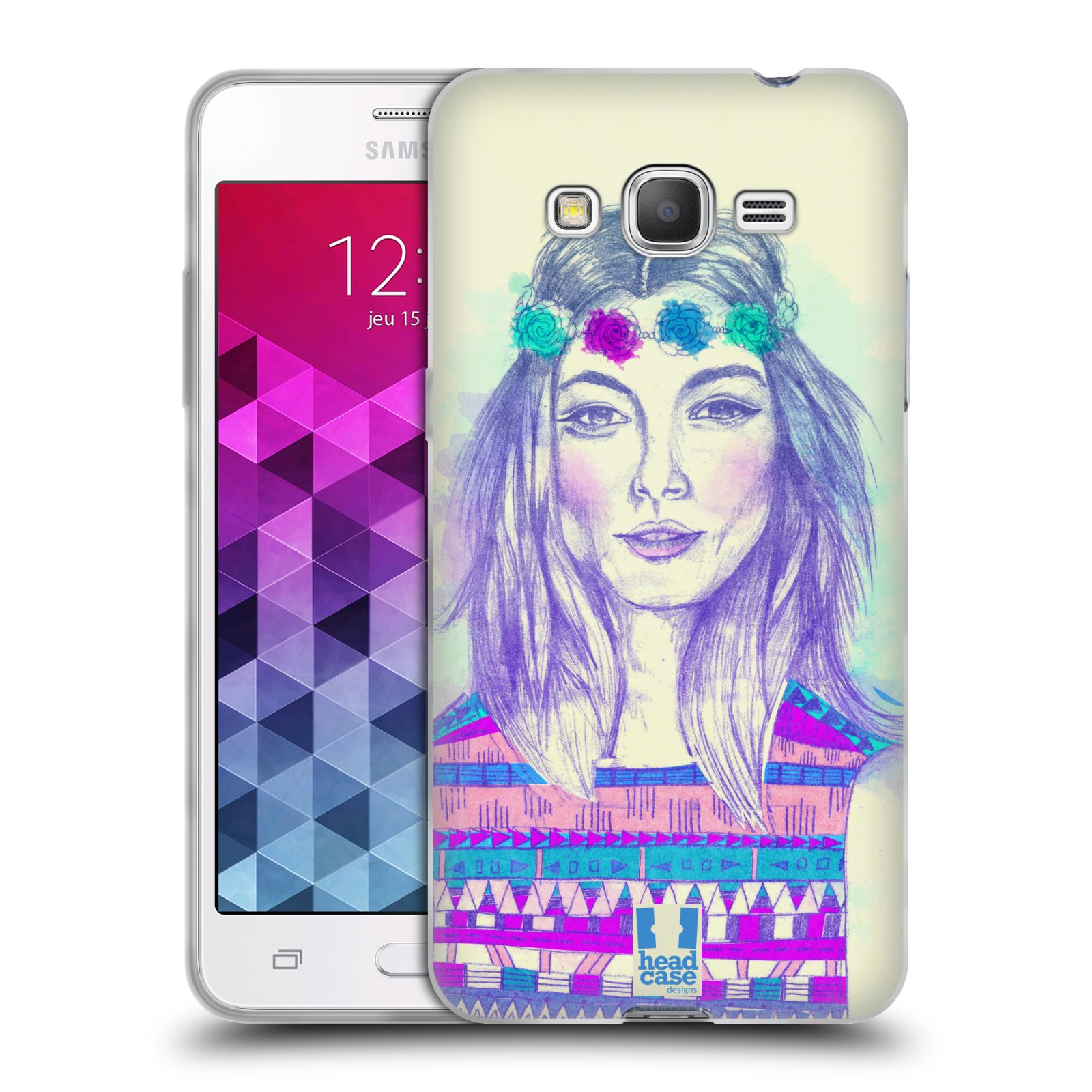 HEAD CASE silikonový obal na mobil Samsung Galaxy GRAND PRIME vzor Dívka dlouhé květinové vlasy HIPPIE modrá
