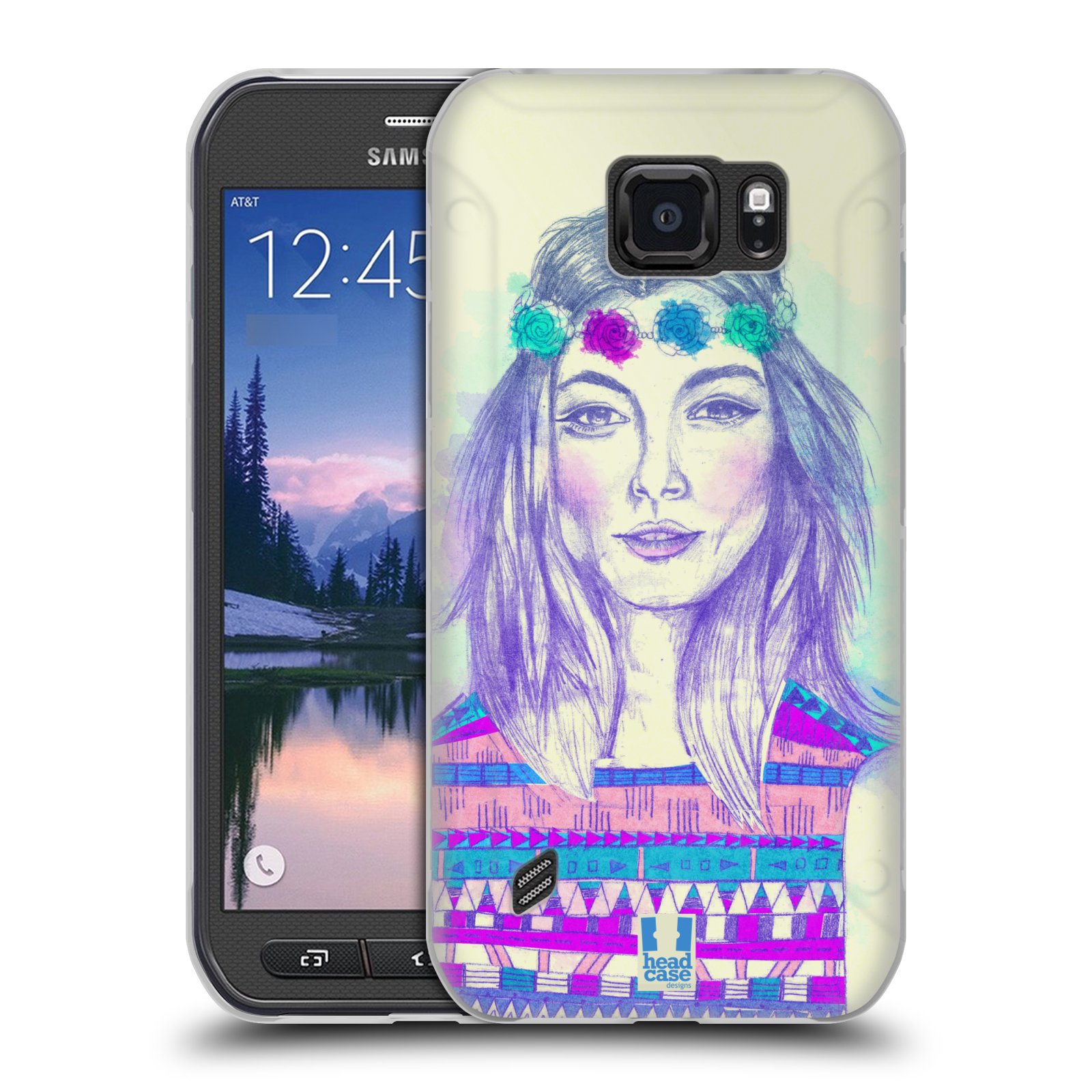 HEAD CASE silikonový obal na mobil Samsung Galaxy S6 ACTIVE vzor Dívka dlouhé květinové vlasy HIPPIE modrá