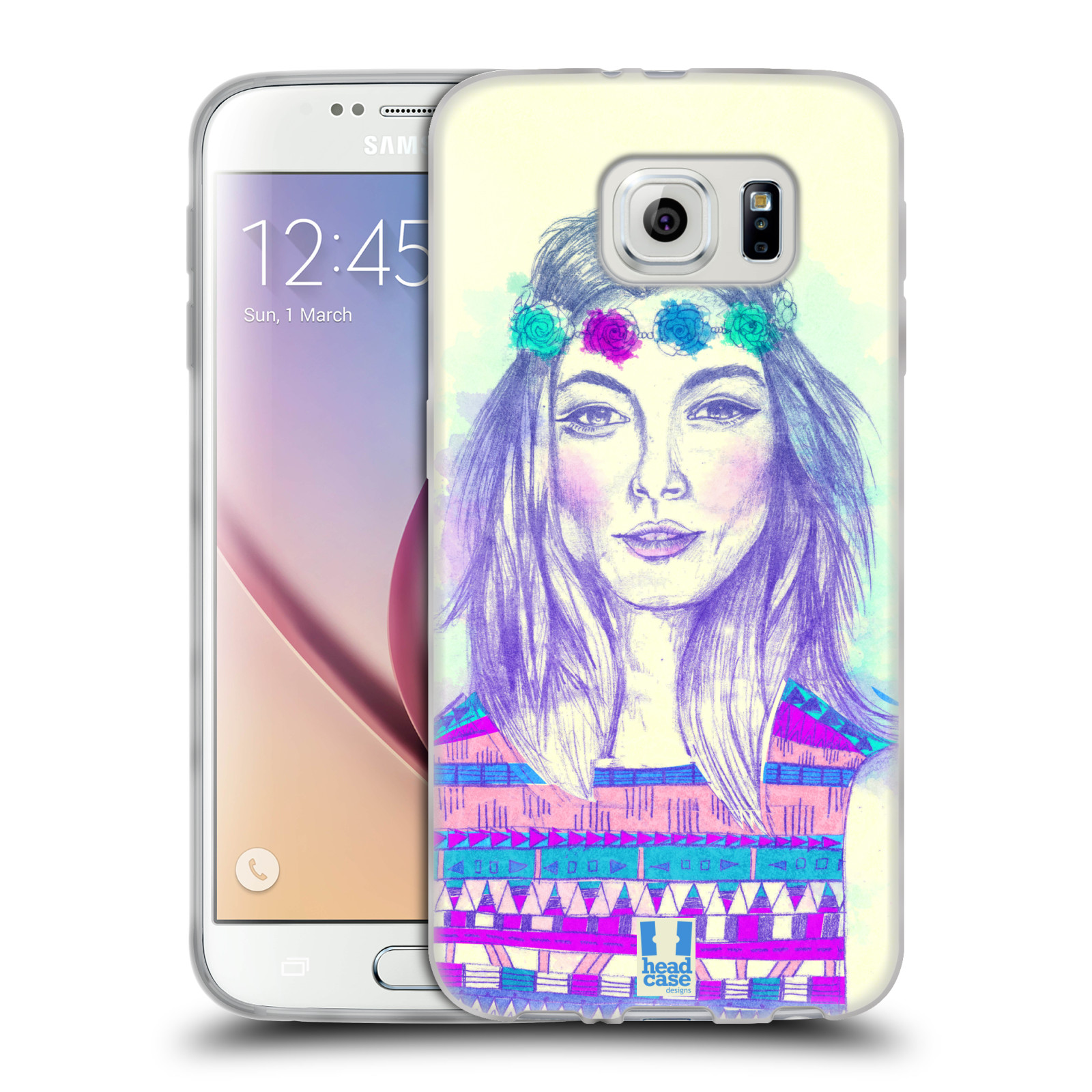HEAD CASE silikonový obal na mobil Samsung Galaxy S6 vzor Dívka dlouhé květinové vlasy HIPPIE modrá
