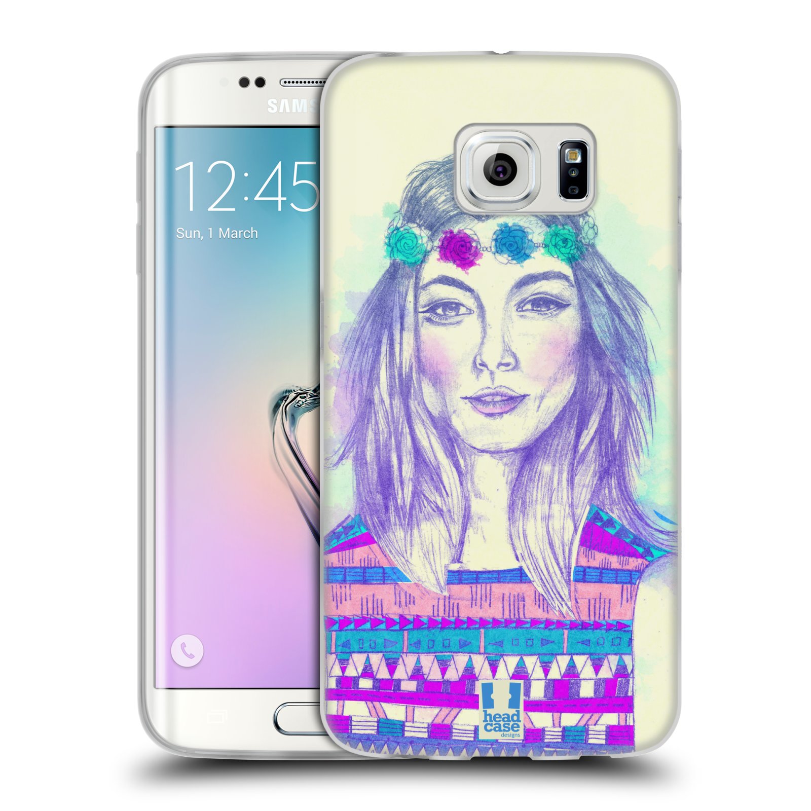 HEAD CASE silikonový obal na mobil Samsung Galaxy S6 EDGE vzor Dívka dlouhé květinové vlasy HIPPIE modrá