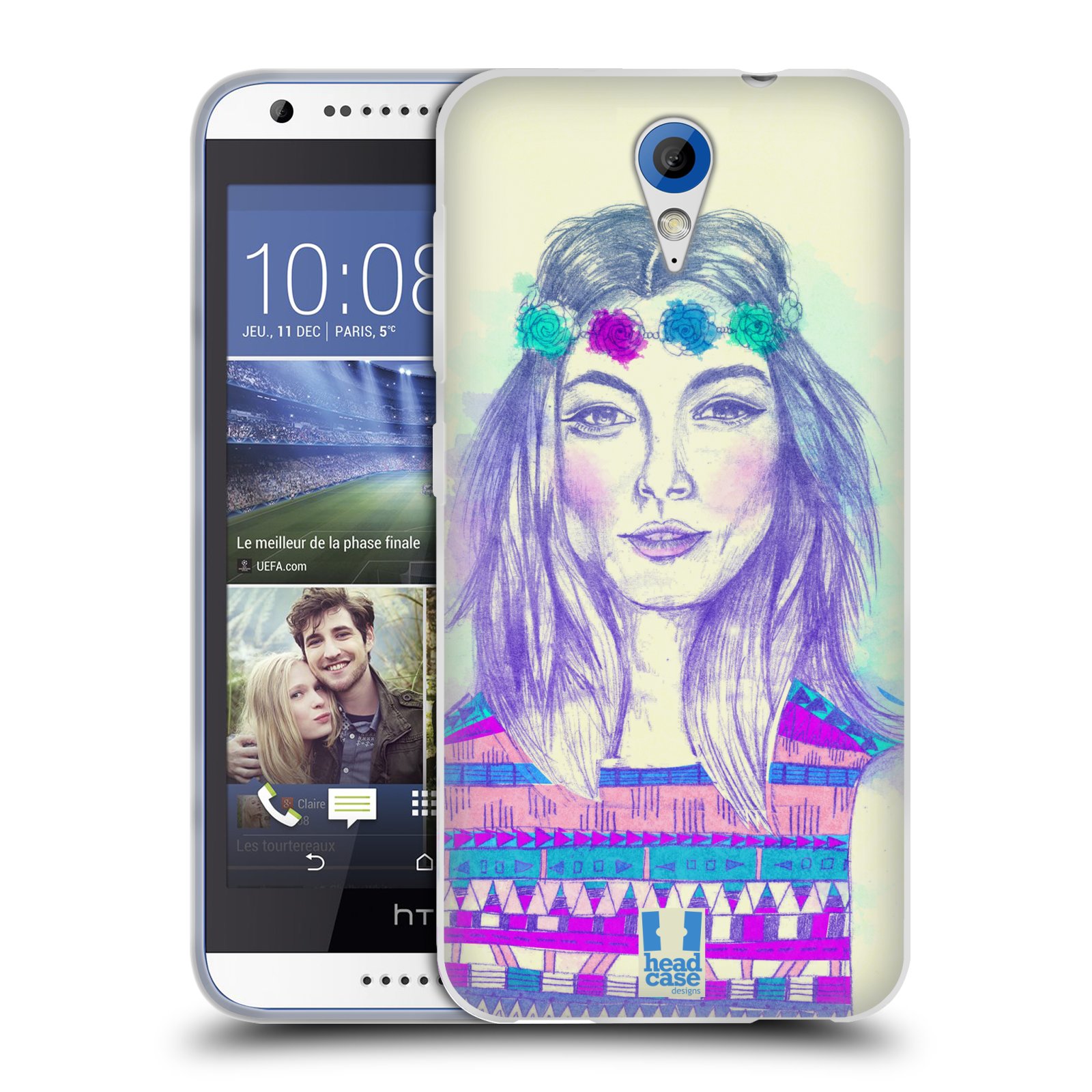 HEAD CASE silikonový obal na mobil HTC DESIRE 620 vzor Dívka dlouhé květinové vlasy HIPPIE modrá