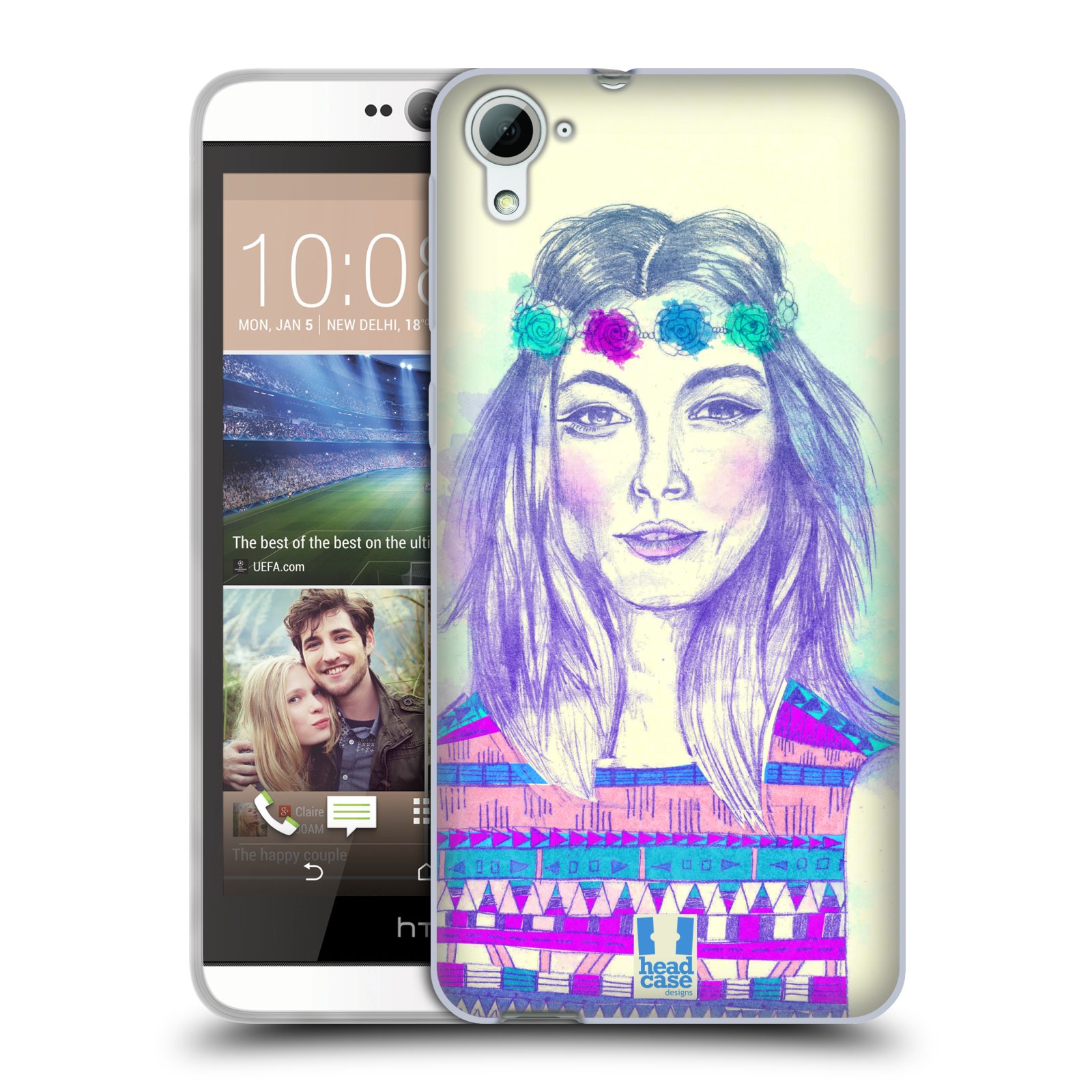 HEAD CASE silikonový obal na mobil HTC DESIRE 826 vzor Dívka dlouhé květinové vlasy HIPPIE modrá