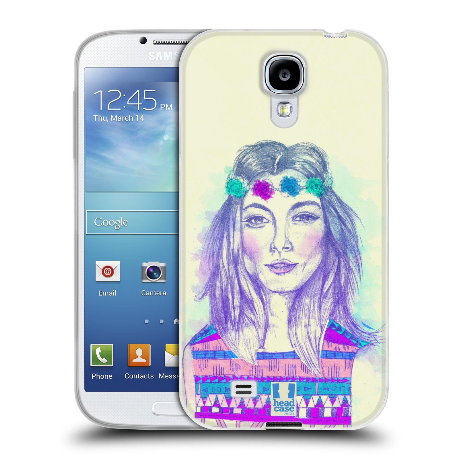 HEAD CASE silikonový obal na mobil Samsung Galaxy S4 i9500 vzor Dívka dlouhé květinové vlasy HIPPIE modrá