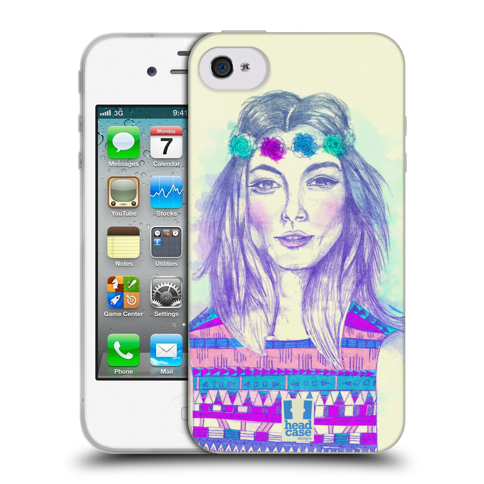 HEAD CASE silikonový obal na mobil Apple Iphone 4/4S vzor Dívka dlouhé květinové vlasy HIPPIE modrá