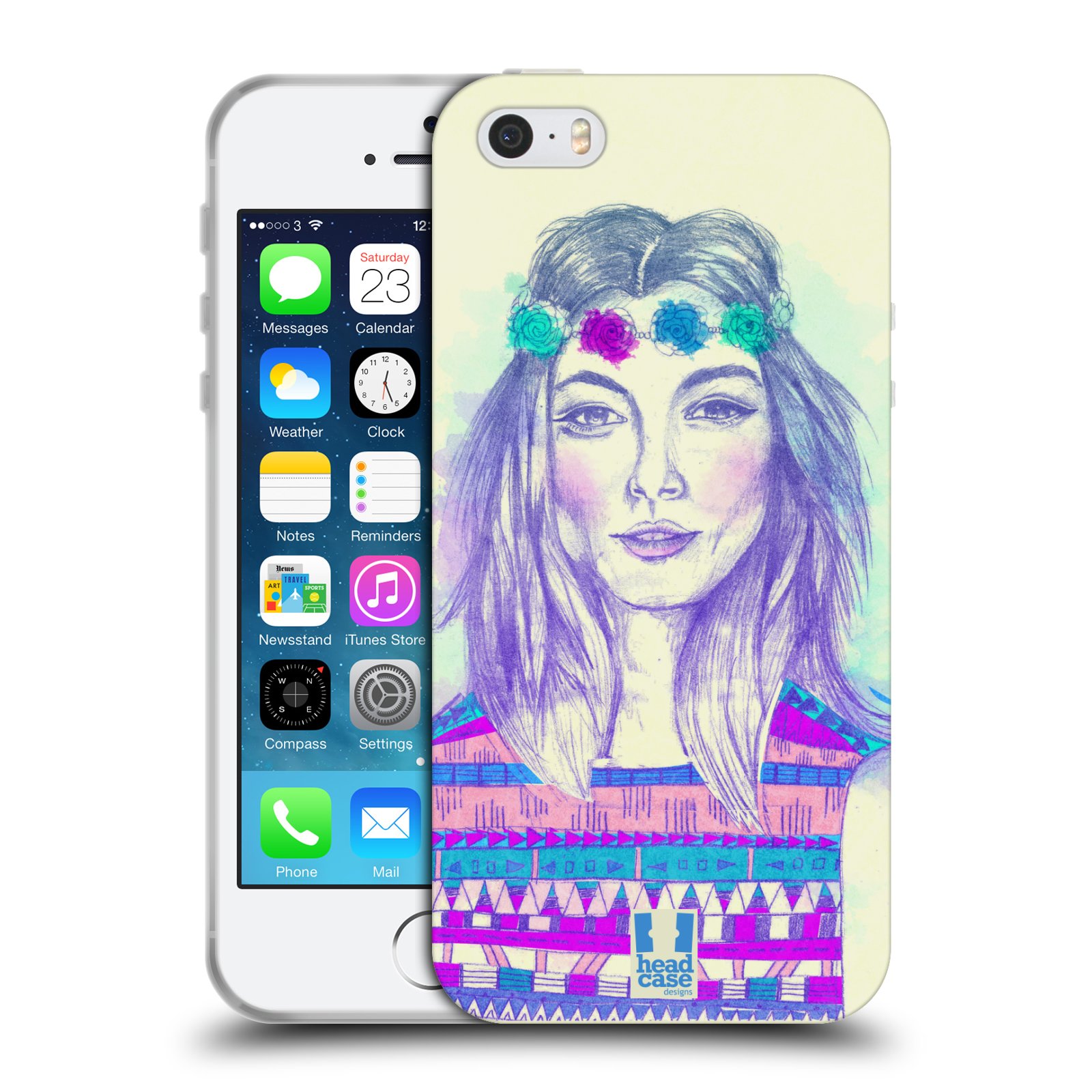 HEAD CASE silikonový obal na mobil Apple Iphone 5/5S vzor Dívka dlouhé květinové vlasy HIPPIE modrá