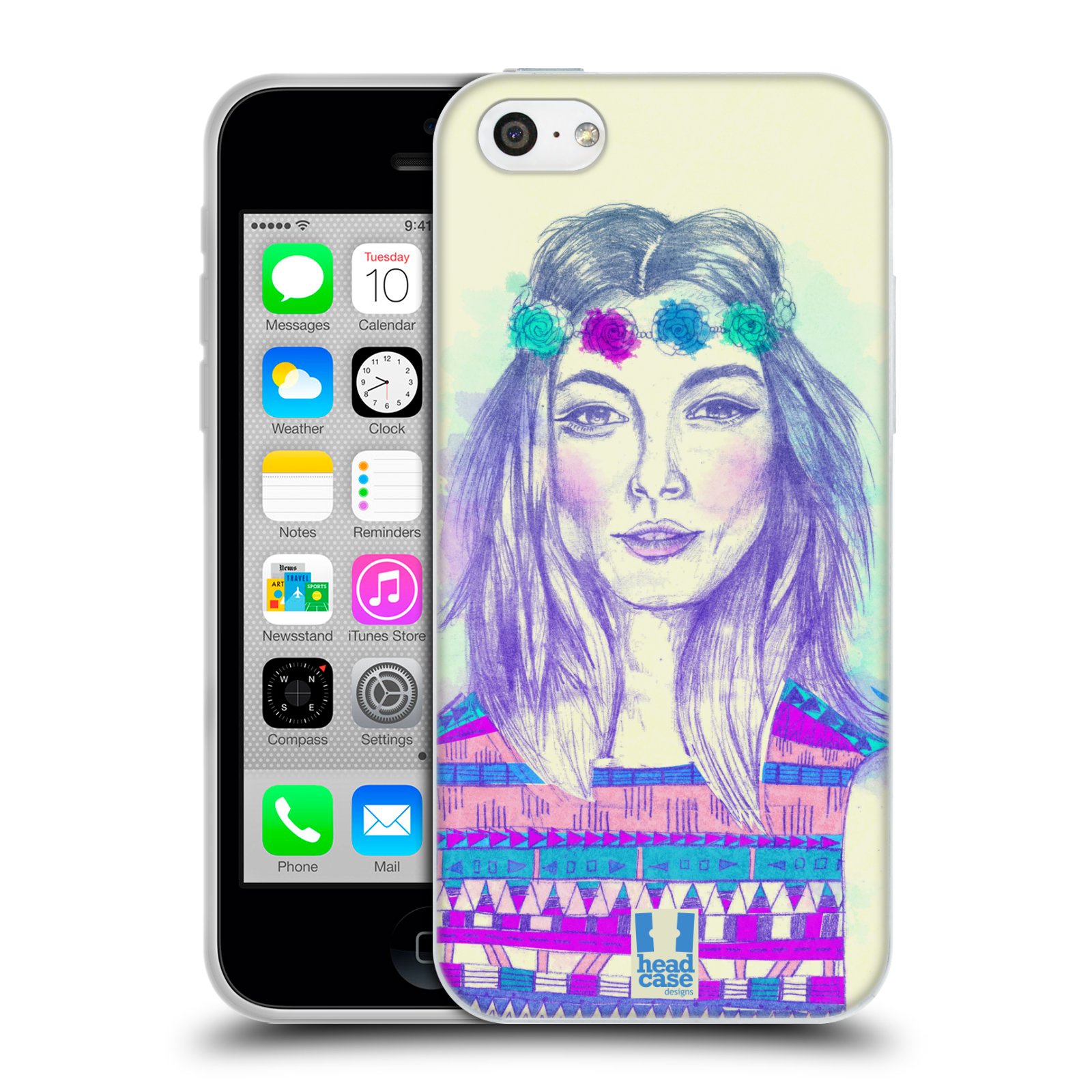 HEAD CASE silikonový obal na mobil Apple Iphone 5C vzor Dívka dlouhé květinové vlasy HIPPIE modrá