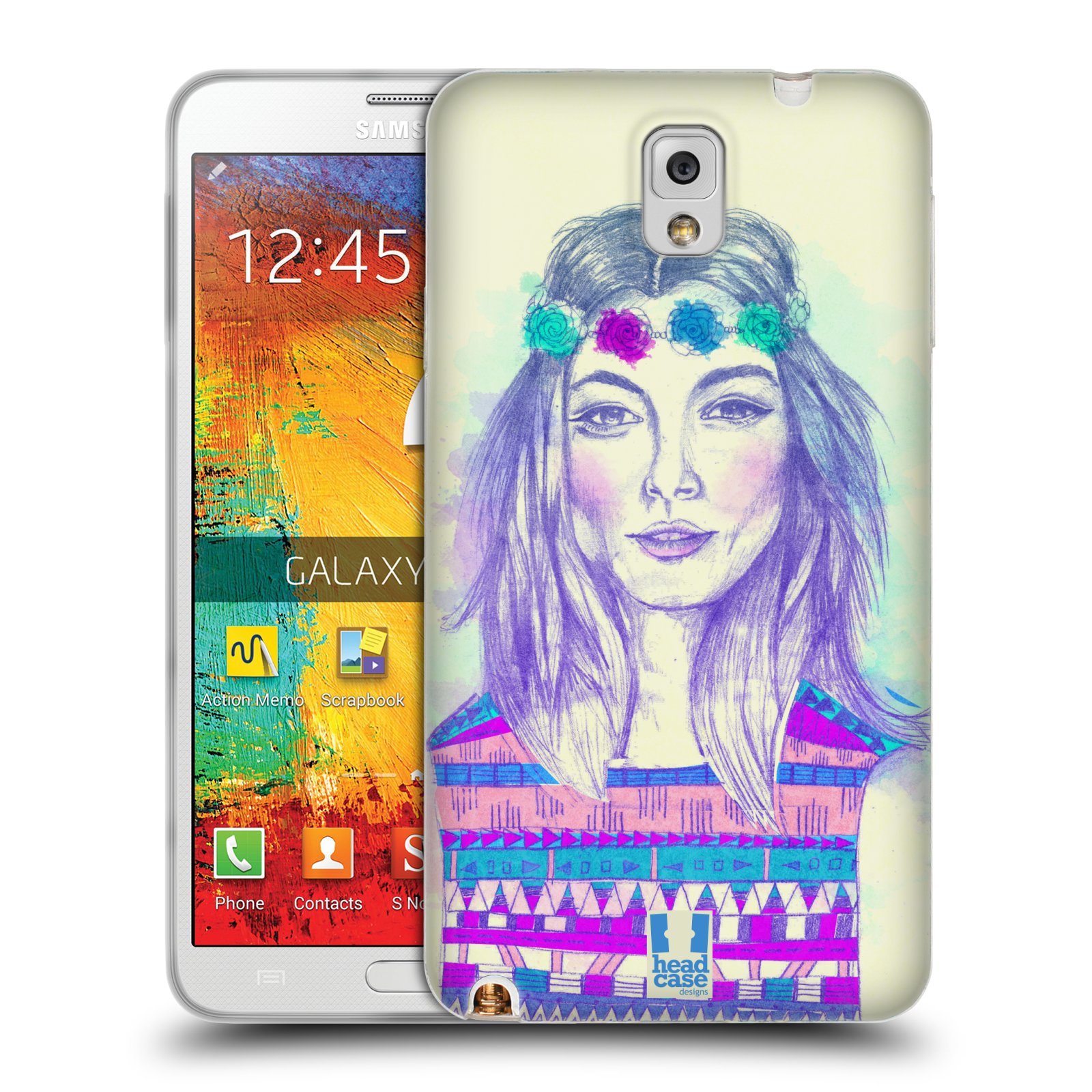 HEAD CASE silikonový obal na mobil Samsung Galaxy Note 3 (N9005) vzor Dívka dlouhé květinové vlasy HIPPIE modrá