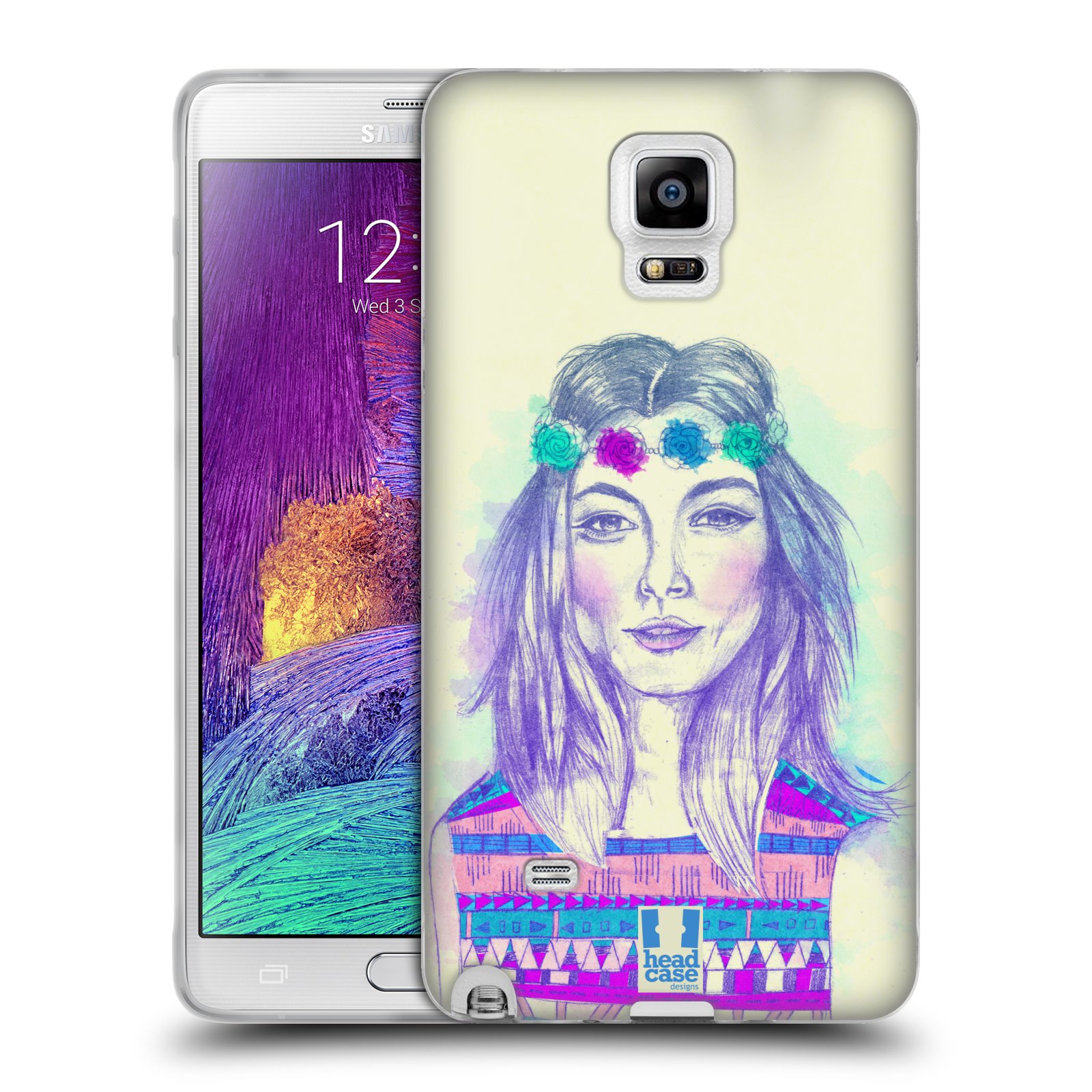 HEAD CASE silikonový obal na mobil Samsung Galaxy Note 4 (N910) vzor Dívka dlouhé květinové vlasy HIPPIE modrá