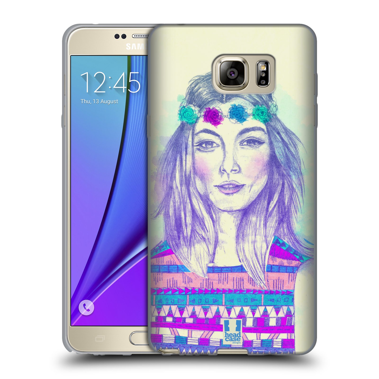 HEAD CASE silikonový obal na mobil Samsung Galaxy Note 5 (N920) vzor Dívka dlouhé květinové vlasy HIPPIE modrá