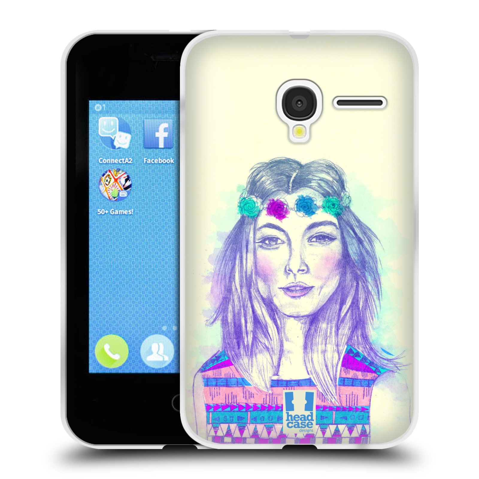 HEAD CASE silikonový obal na mobil Alcatel PIXI 3 OT-4022D (3,5 palcový displej) vzor Dívka dlouhé květinové vlasy HIPPIE modrá