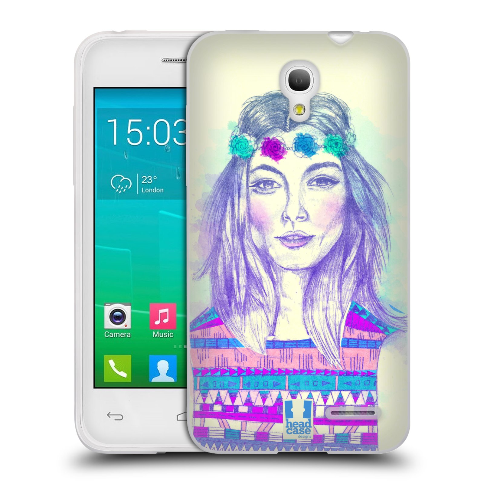 HEAD CASE silikonový obal na mobil Alcatel POP S3 OT-5050Y vzor Dívka dlouhé květinové vlasy HIPPIE modrá