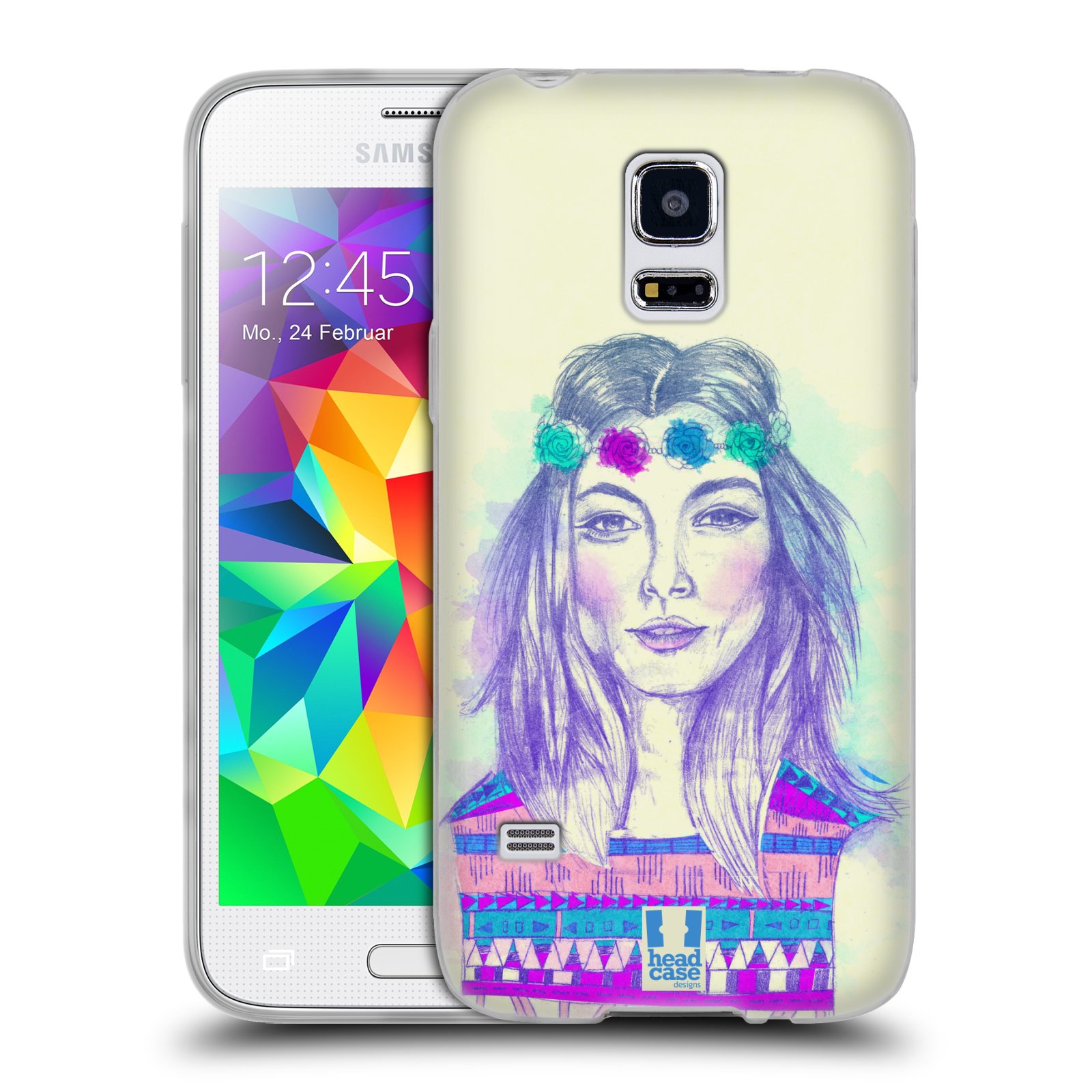 HEAD CASE silikonový obal na mobil Samsung Galaxy S5 MINI vzor Dívka dlouhé květinové vlasy HIPPIE modrá