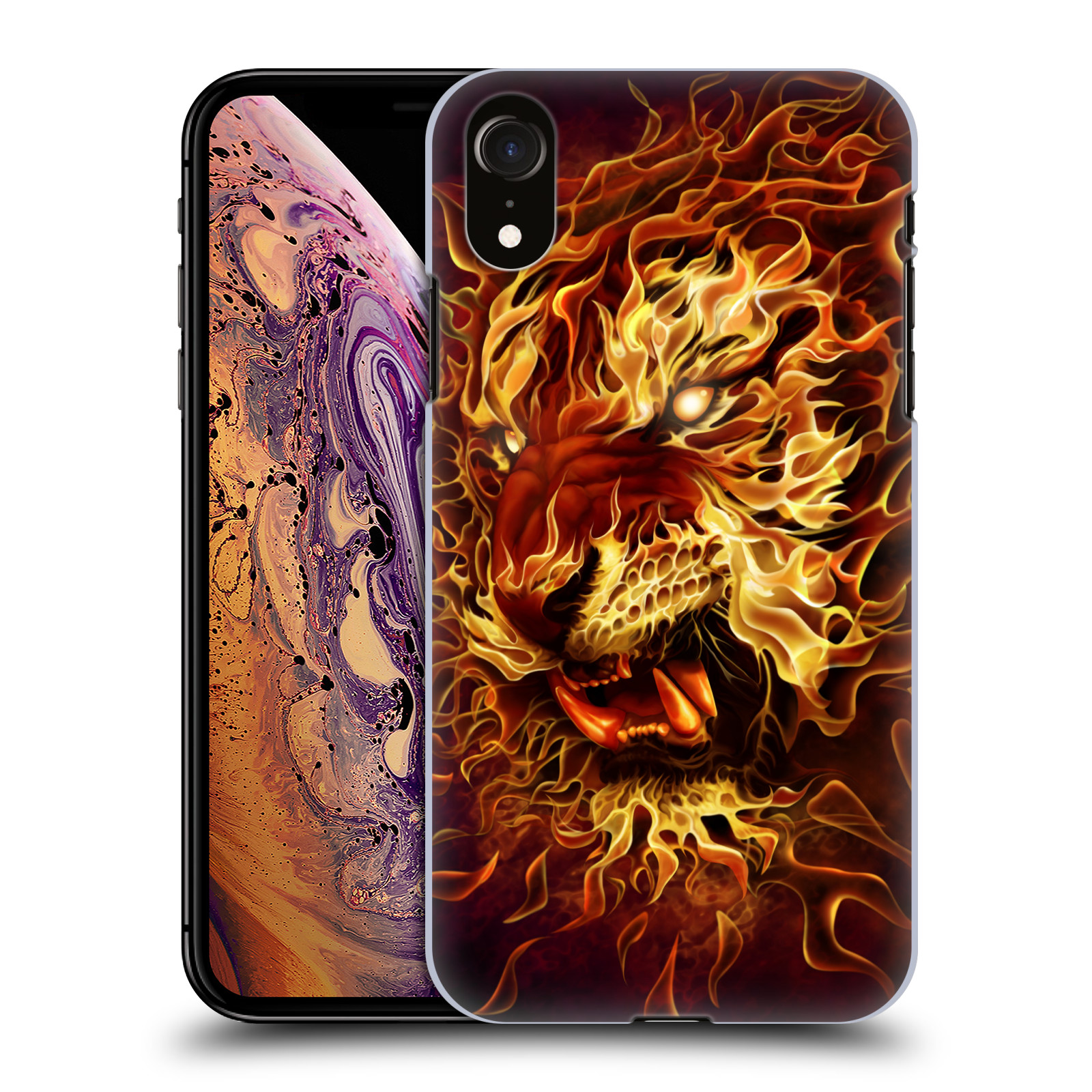 Pouzdro na mobil Apple Iphone XR - HEAD CASE - Fantasy kresby Tom Wood - Ohnivý tygr