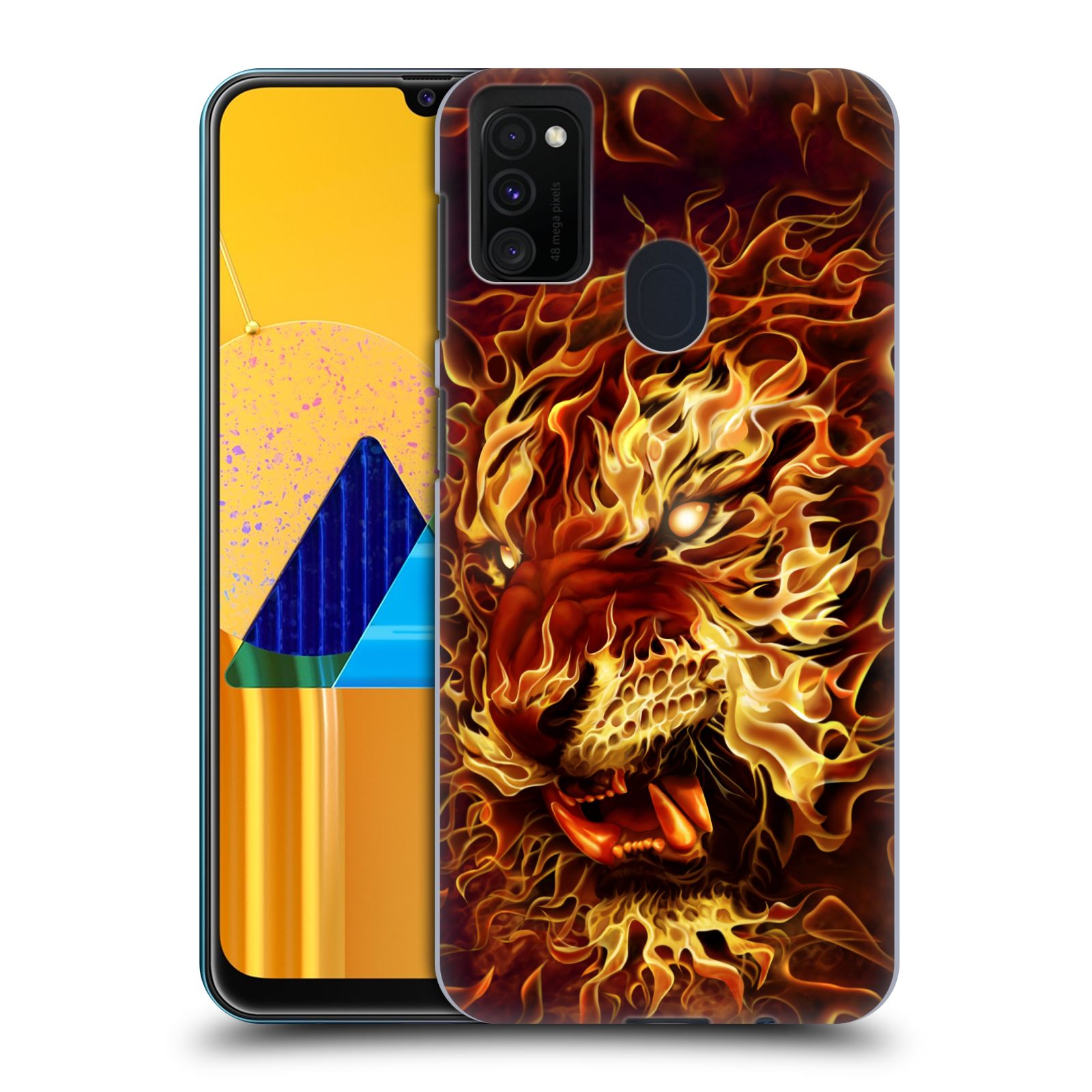 Pouzdro na mobil Samsung Galaxy M21 - HEAD CASE - Fantasy kresby Tom Wood - Ohnivý tygr