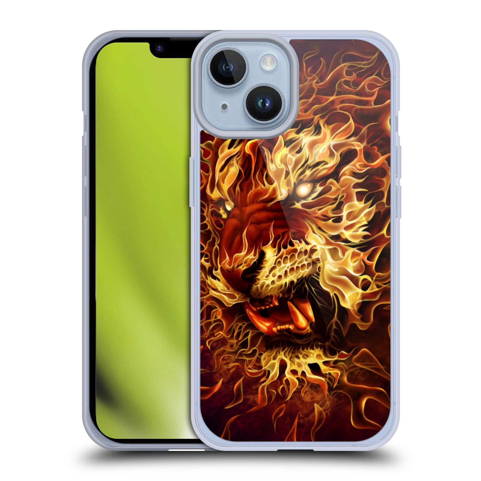 Pouzdro na mobil Apple Iphone 14 - HEAD CASE - Fantasy kresby Tom Wood - Ohnivý tygr