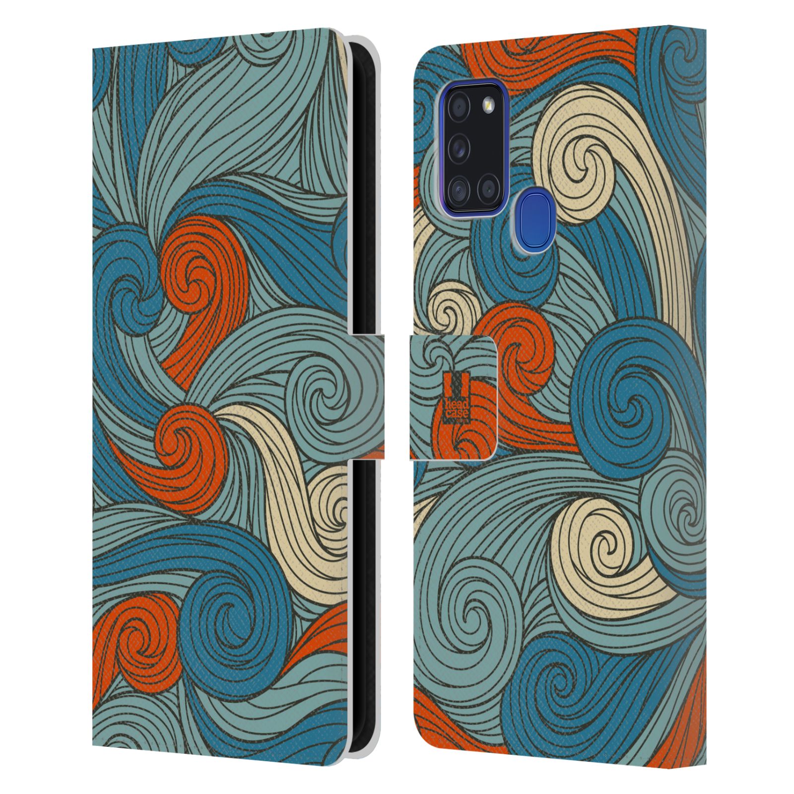 HEAD CASE Flipové pouzdro pro mobil Samsung Galaxy A21s barevné vlny oranžová a modrá