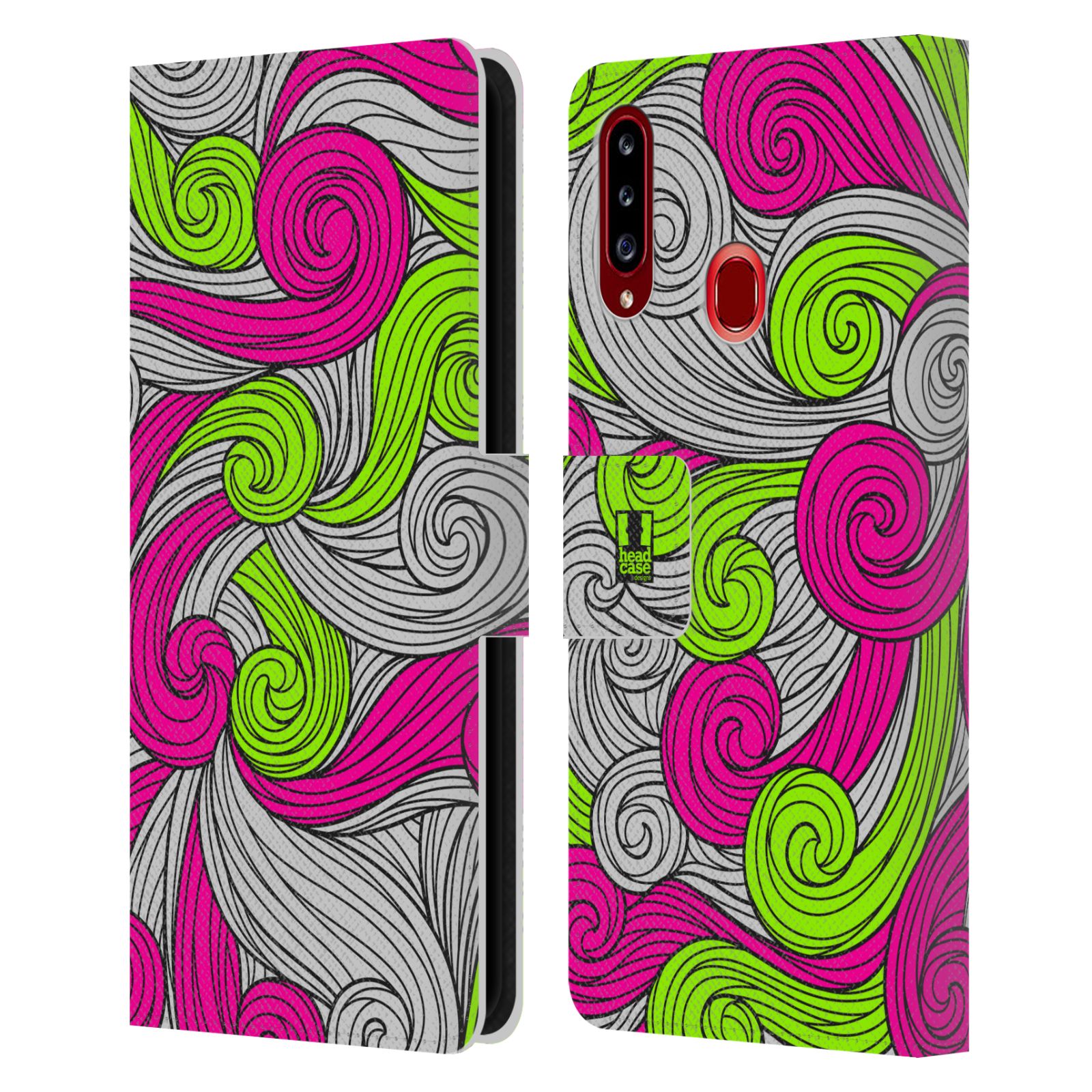 HEAD CASE Flipové pouzdro pro mobil Samsung Galaxy A20s barevné vlny zářivě růžová a zelená