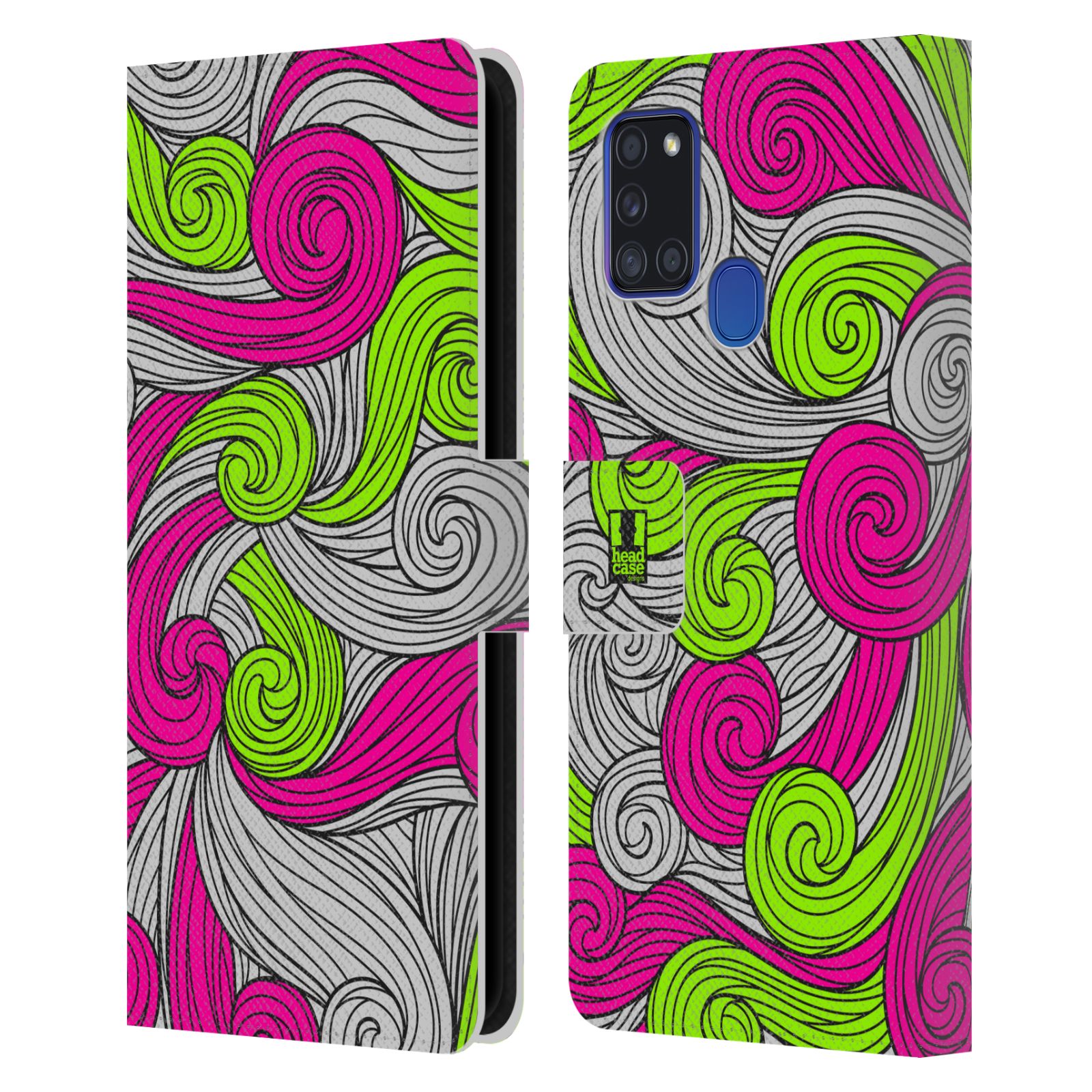 HEAD CASE Flipové pouzdro pro mobil Samsung Galaxy A21s barevné vlny zářivě růžová a zelená