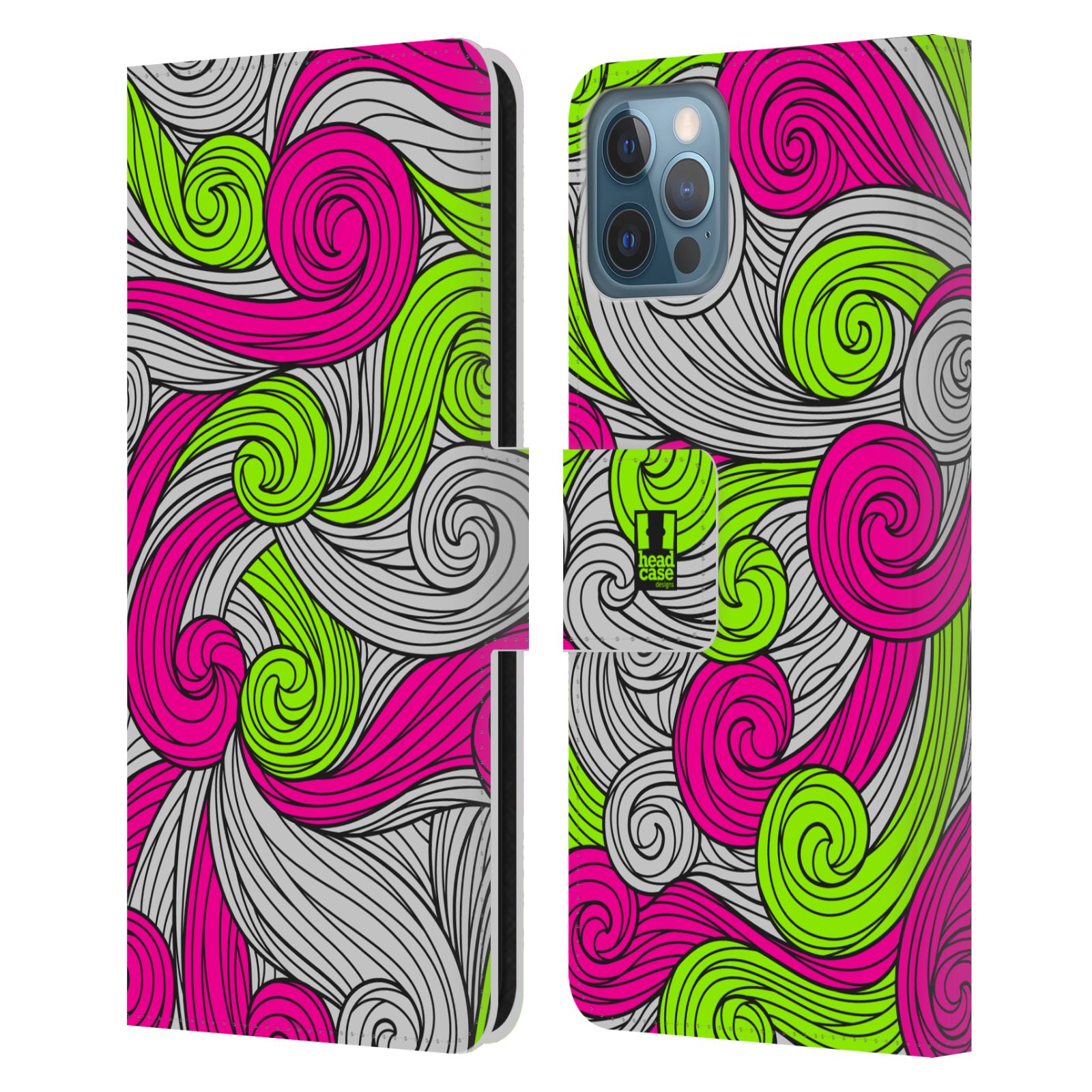 HEAD CASE Flipové pouzdro pro mobil Apple Iphone 12 / Iphone 12 PRO barevné vlny zářivě růžová a zelená