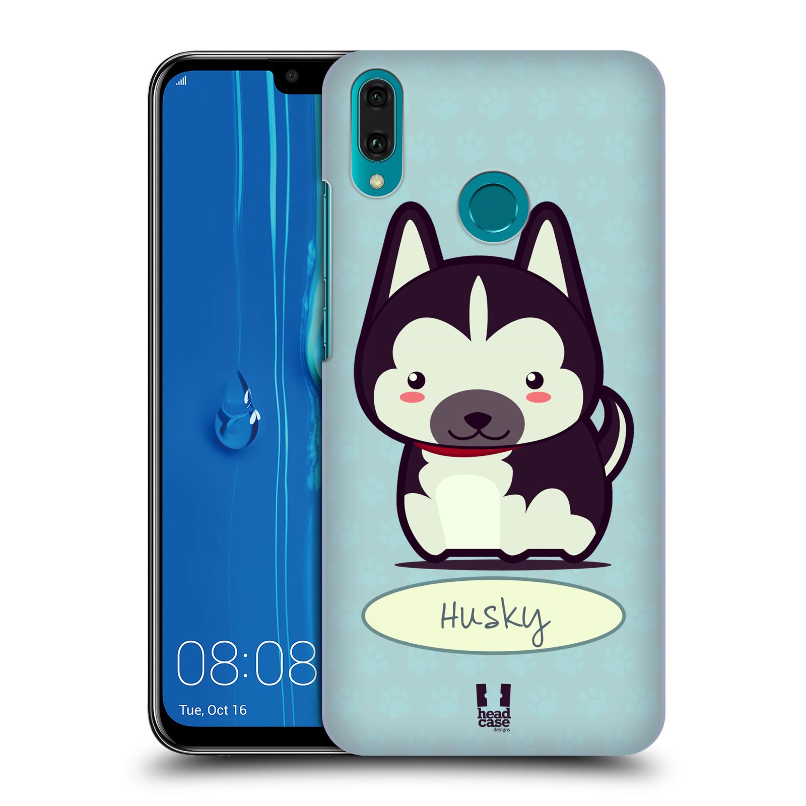 Pouzdro na mobil Huawei Y9 2019 - HEAD CASE - vzor Malá kreslená štěňátka HUSKY modrá barva