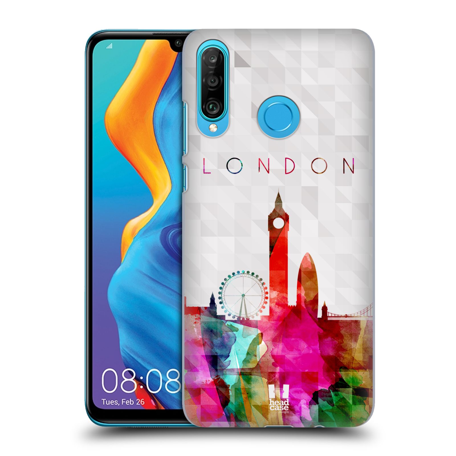 Pouzdro na mobil Huawei P30 LITE - HEAD CASE - vzor Vodní barva města silueta LONDÝN BIG BEN ANGLIE