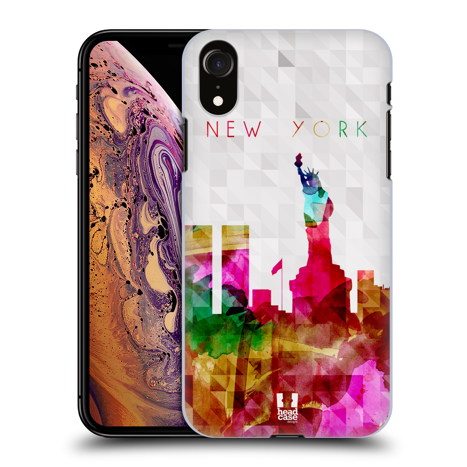 HEAD CASE plastový obal na mobil Apple Iphone XR vzor Vodní barva města silueta NEW YORK USA SOCHA SVOBODY